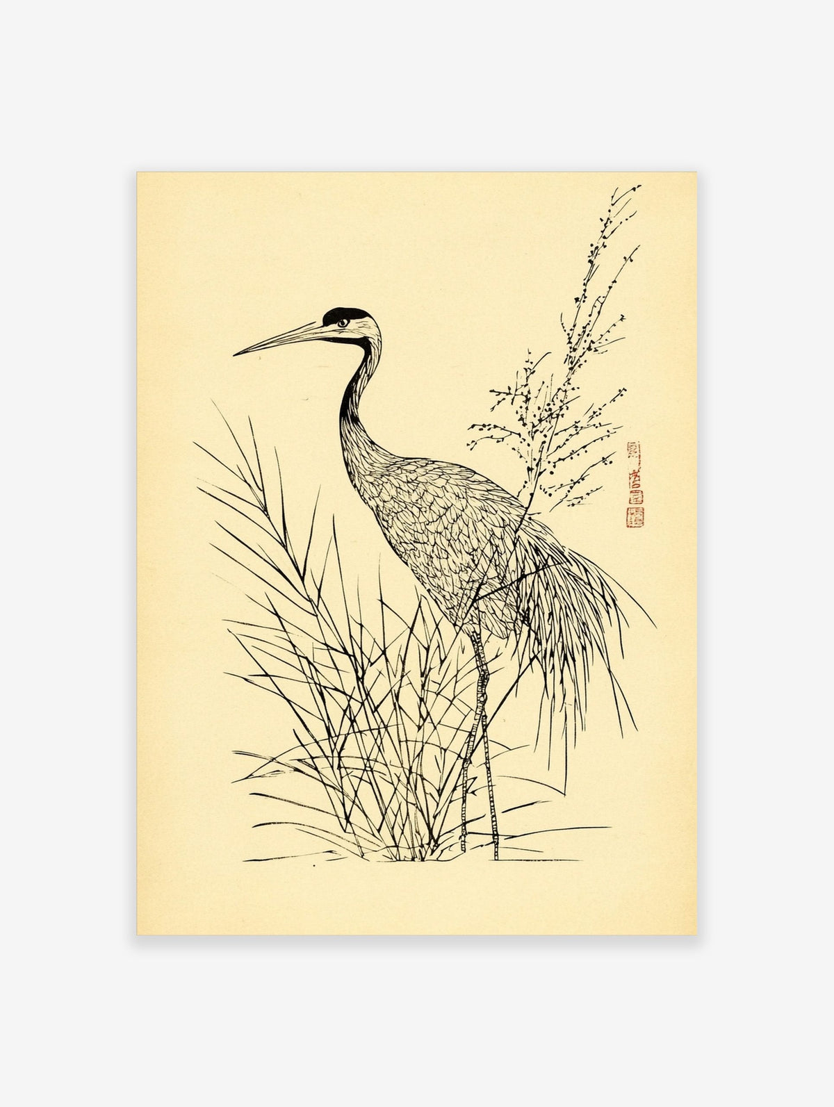 Japanese illustrative print of a crane bird standing in tall grass with a flowering branch on a light beige background