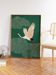 Japanese style crane bird in flight against a dark teal green background with swirling clouds. Elegant crane wall art. - Image 2