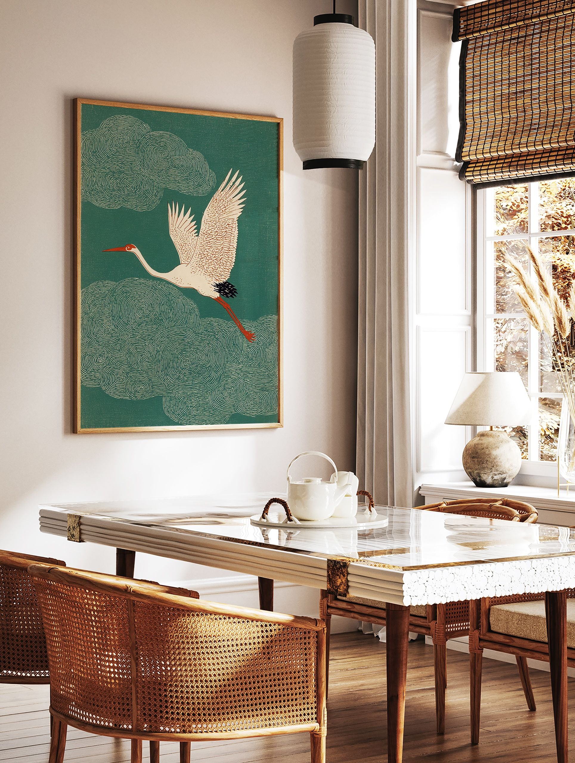 Japanese style crane bird in flight against a dark teal green background with swirling clouds. Elegant crane wall art. - Image 3