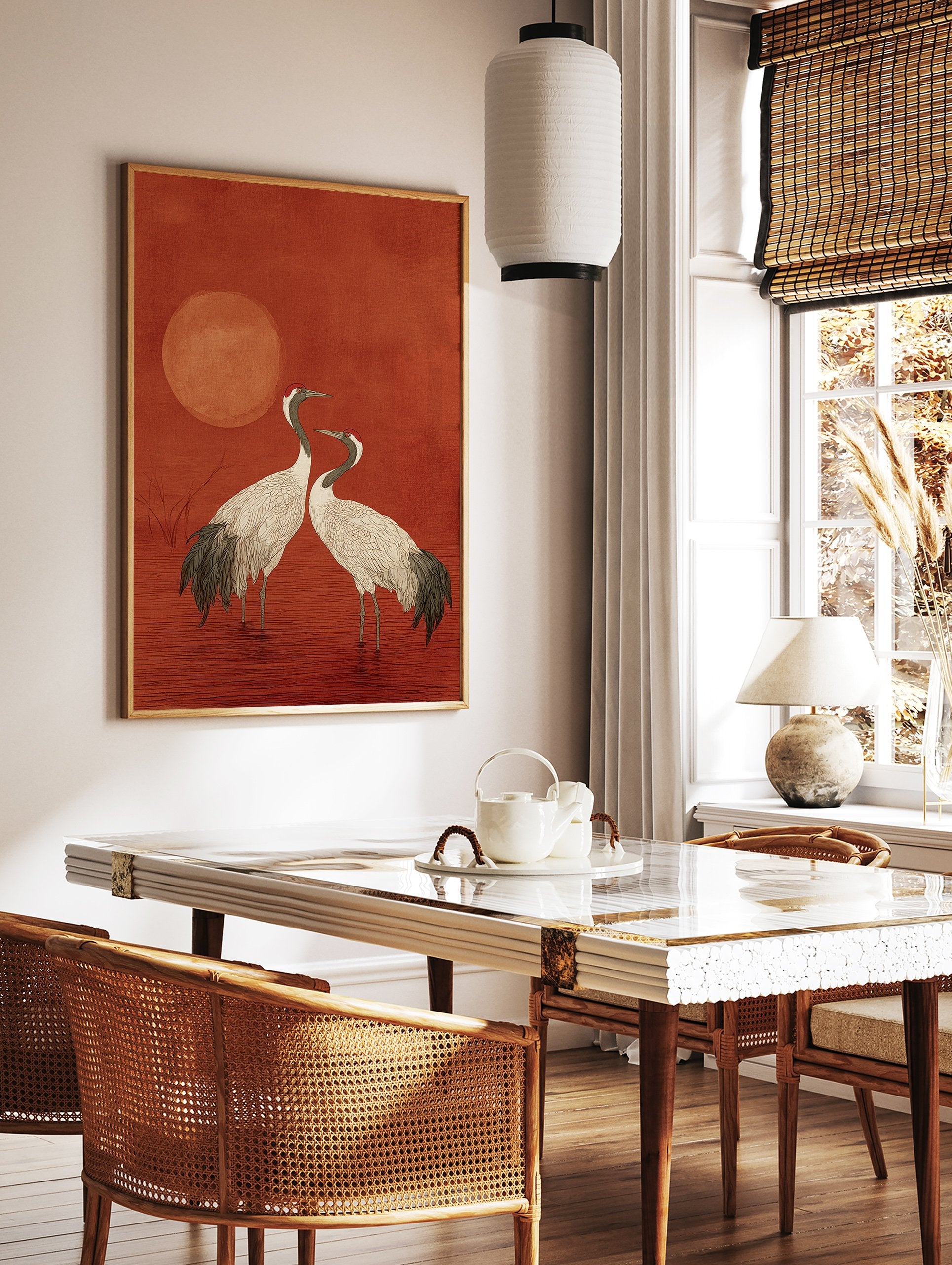 Japanese style crane wall art print featuring two white cranes with red crowns standing in red water under a red sun. - Image 2