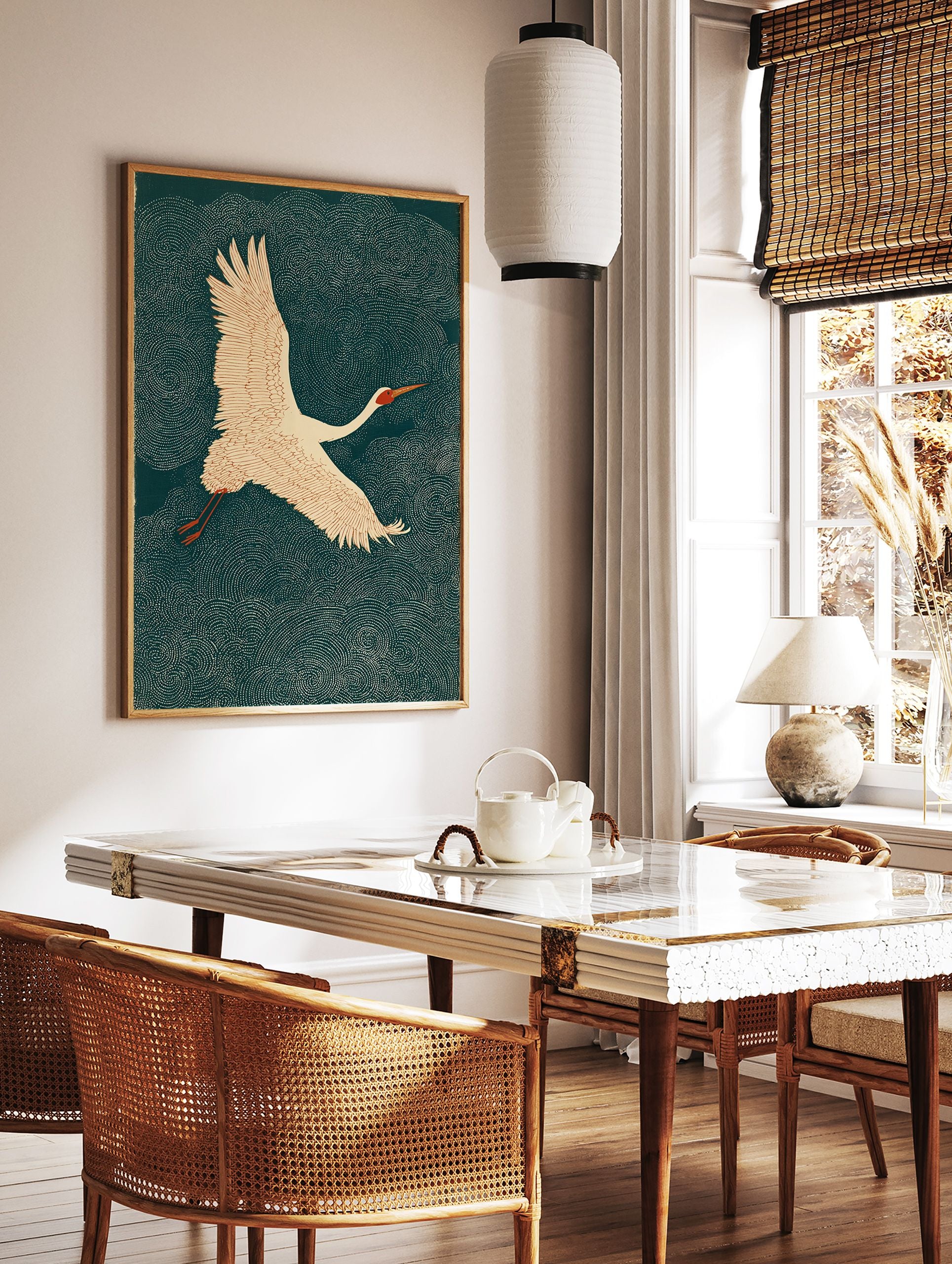 Japanese style crane bird flying against a dark green background with white dotted patterns. - Image 3