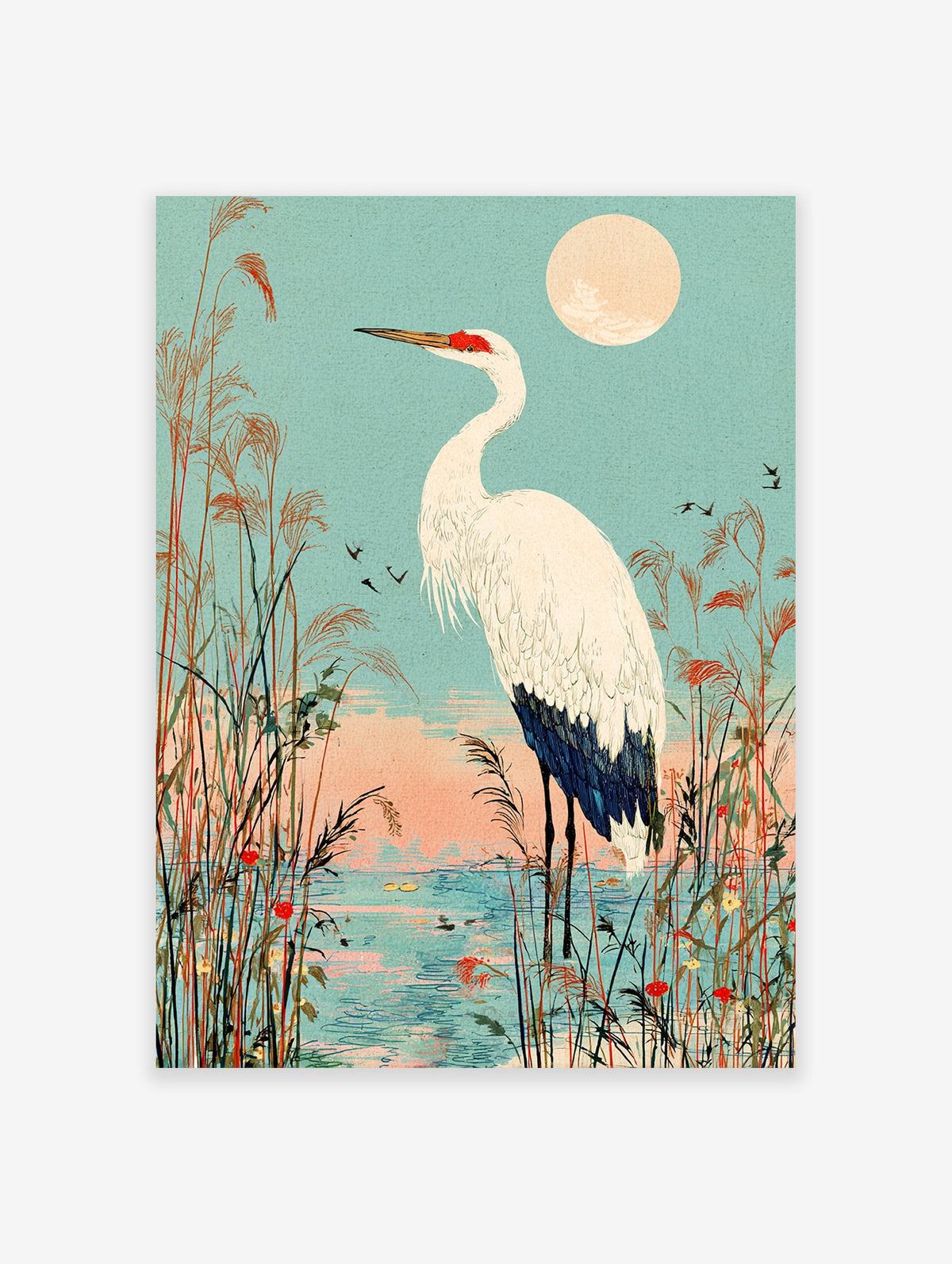 Japanese Ukiyo-e style crane wall art print featuring a white crane in a marsh with tall reeds under a full moon.