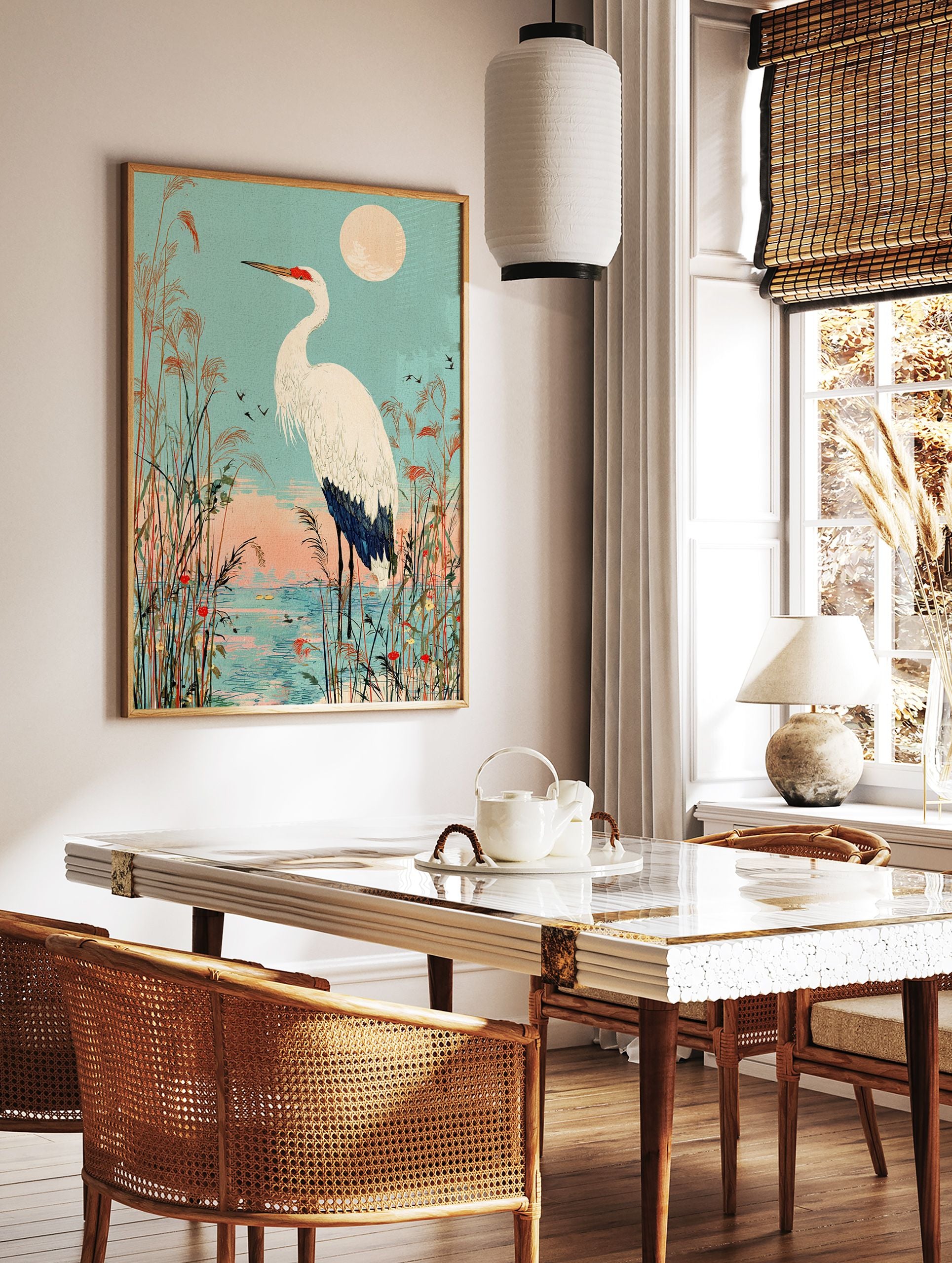 Japanese Ukiyo-e style crane wall art print featuring a white crane in a marsh with tall reeds under a full moon. - Image 2