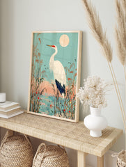 Japanese Ukiyo-e style crane wall art print featuring a white crane in a marsh with tall reeds under a full moon. - Image 3