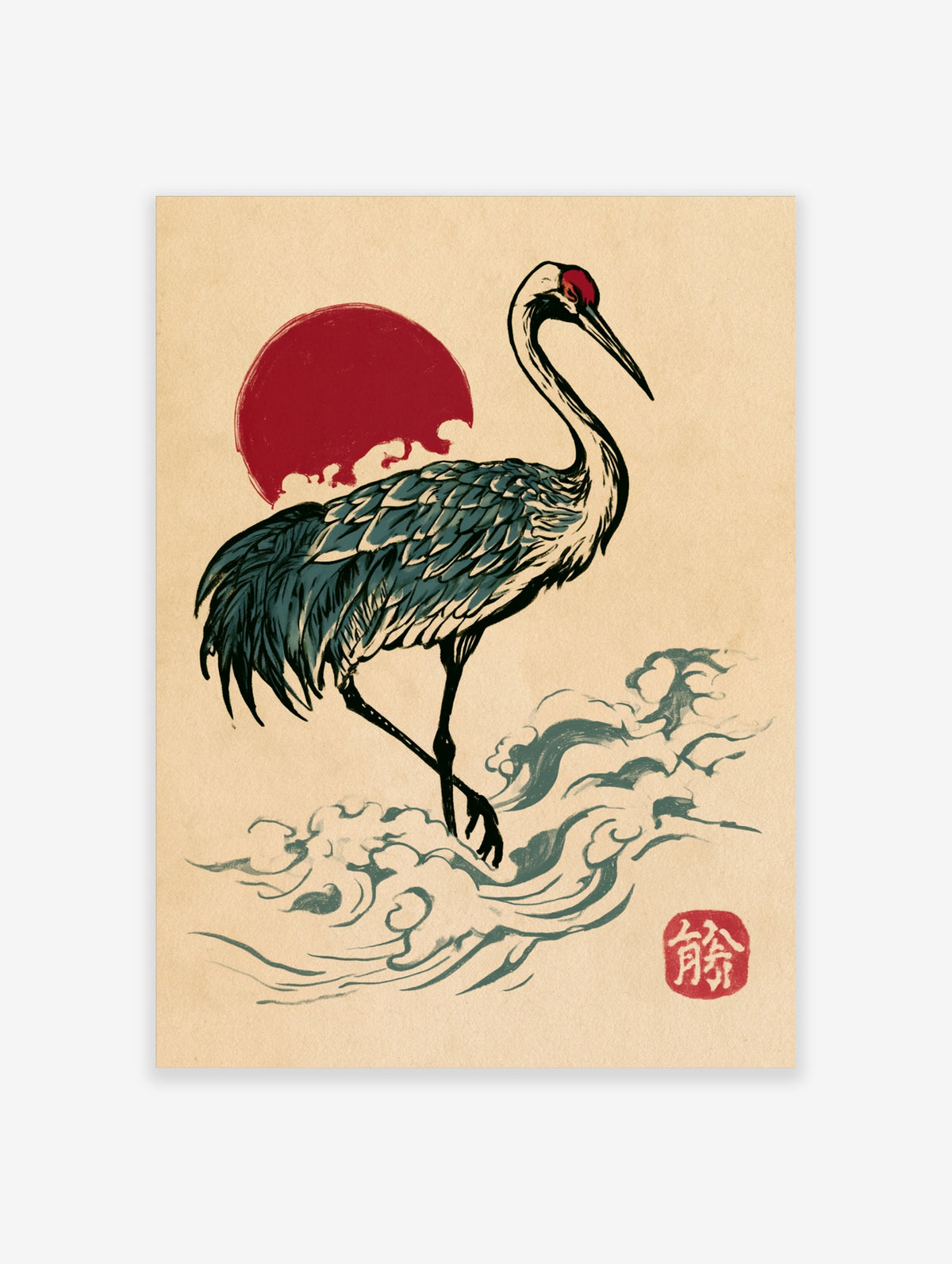 Japanese woodblock style crane print with red sun, teal feathers, and stylized waves on beige background