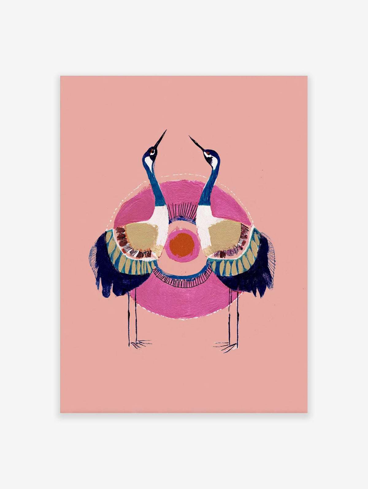 Illustrative crane wall art with two blue and white birds, golden wings, pink circle, orange sun on pink background