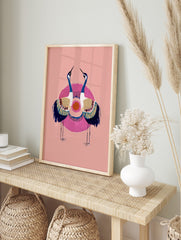 Illustrative crane wall art with two blue and white birds, golden wings, pink circle, orange, in an alternate framed mockup