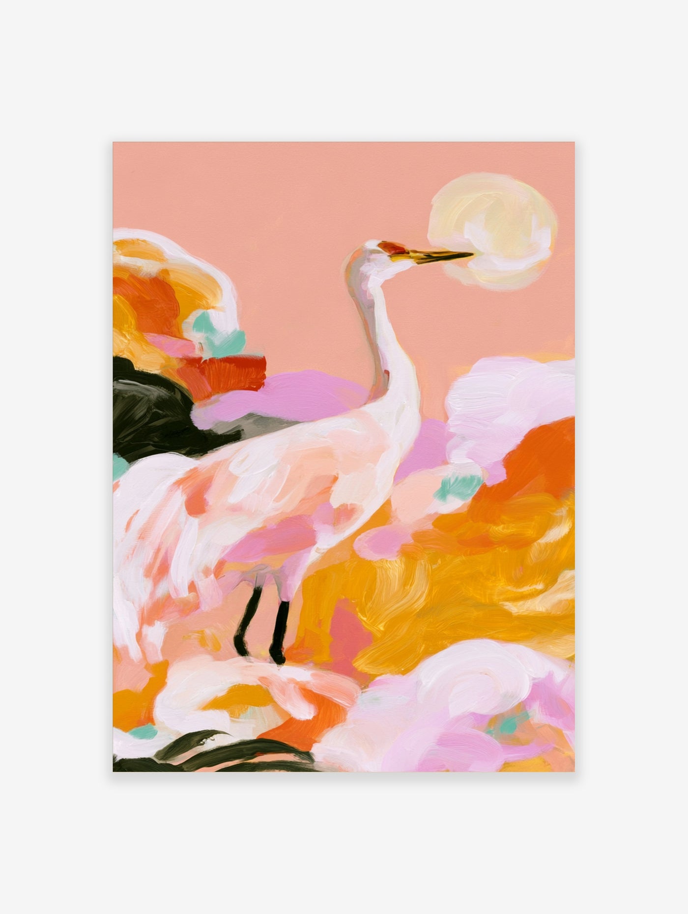 Crane wall art, white bird with pink accents, peach background, abstract orange clouds, pale sun, modern print