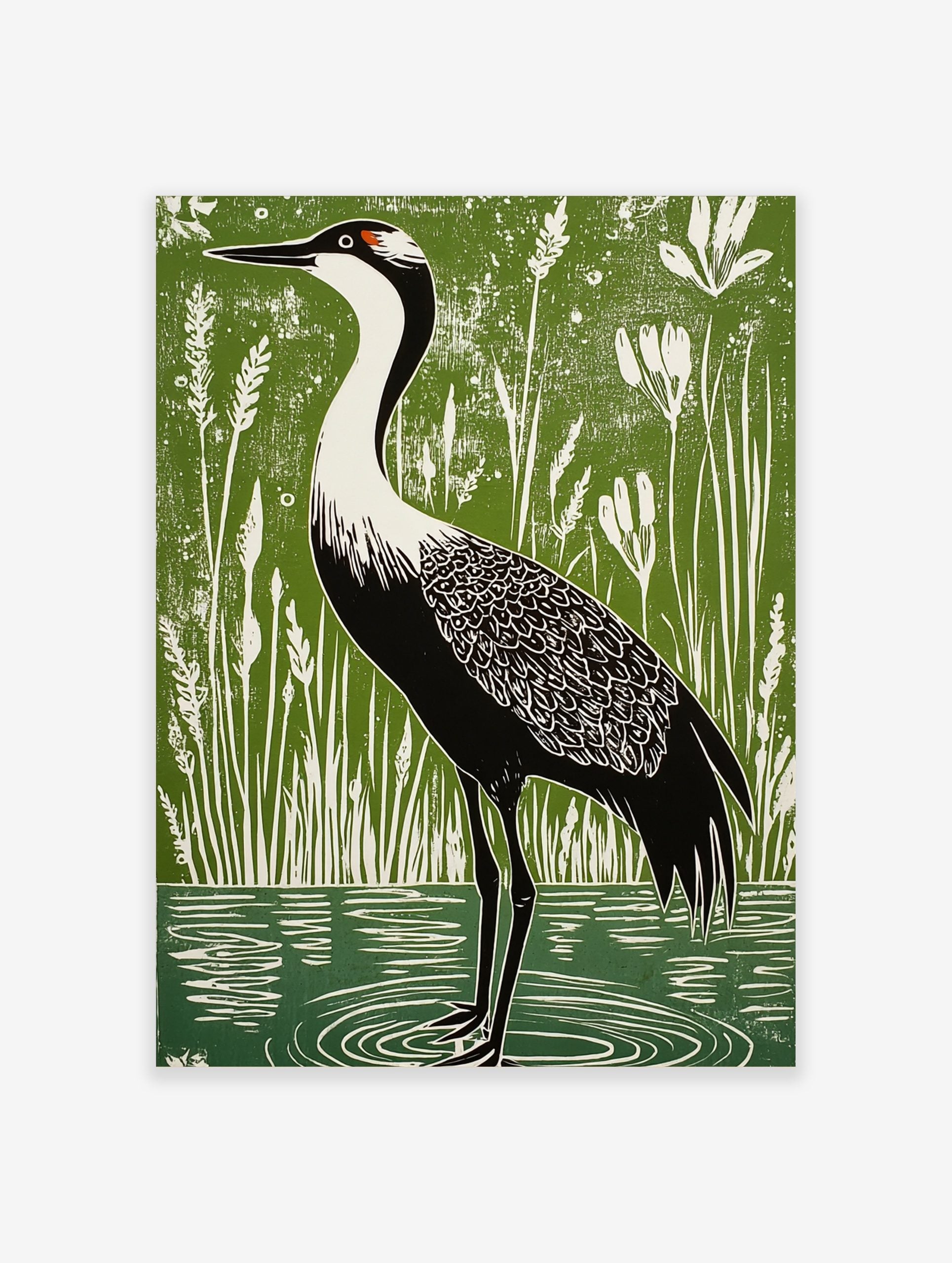 Linocut-style art print of a black and white crane with red head patch in green wetland with white reeds