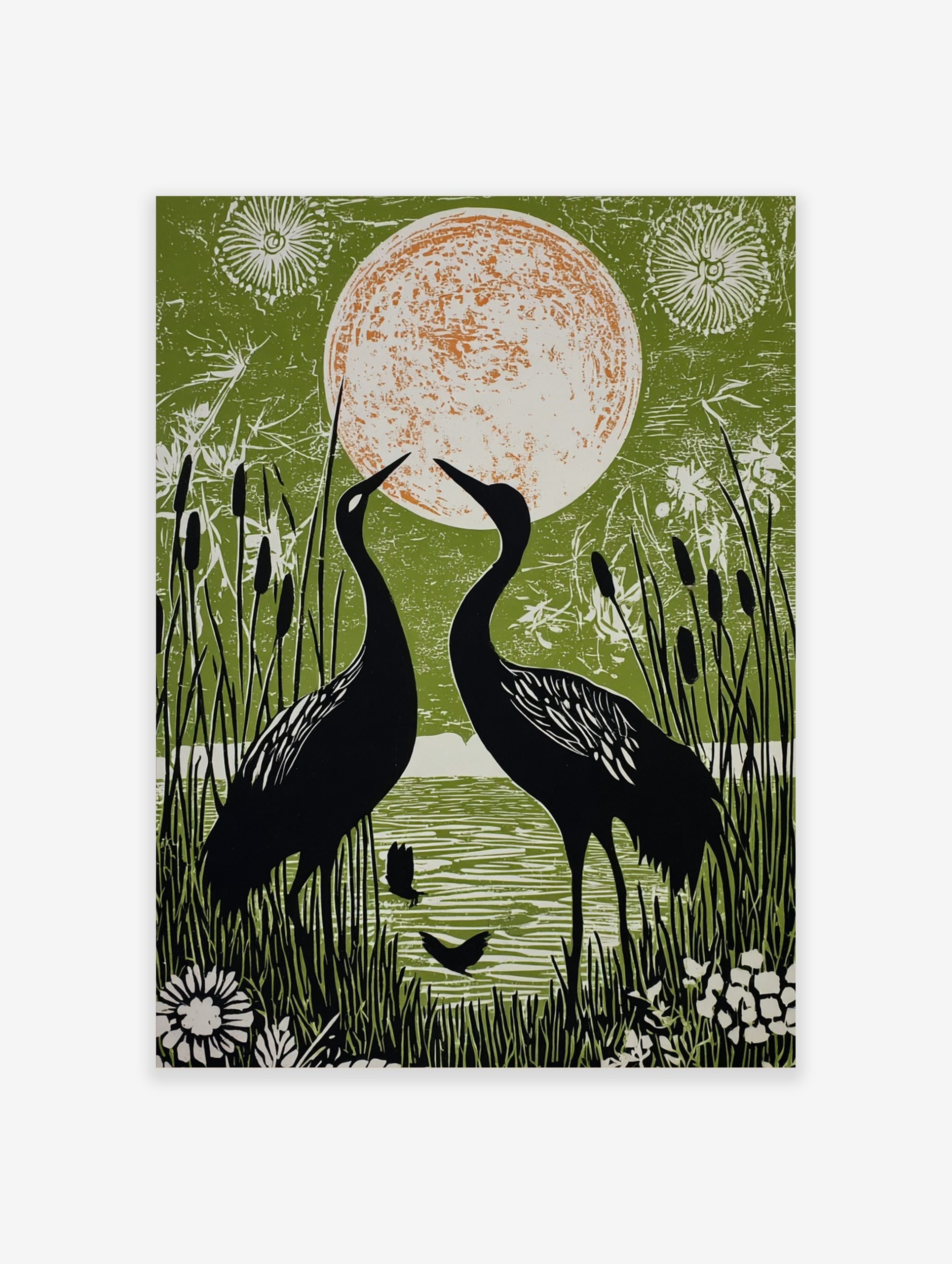 Two black cranes facing a large orange and white moon, surrounded by green reeds and water in an illustrative style