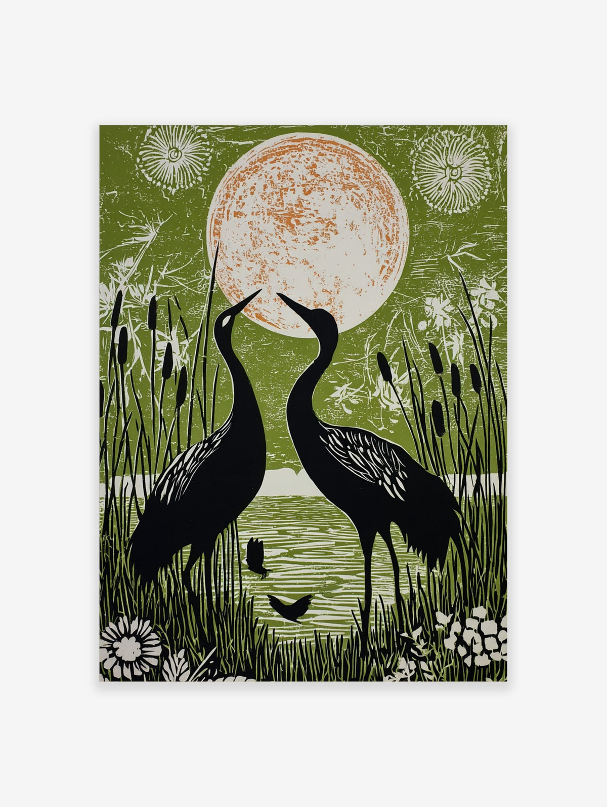 Two black cranes facing a large orange and white moon, surrounded by green reeds and water in an illustrative style