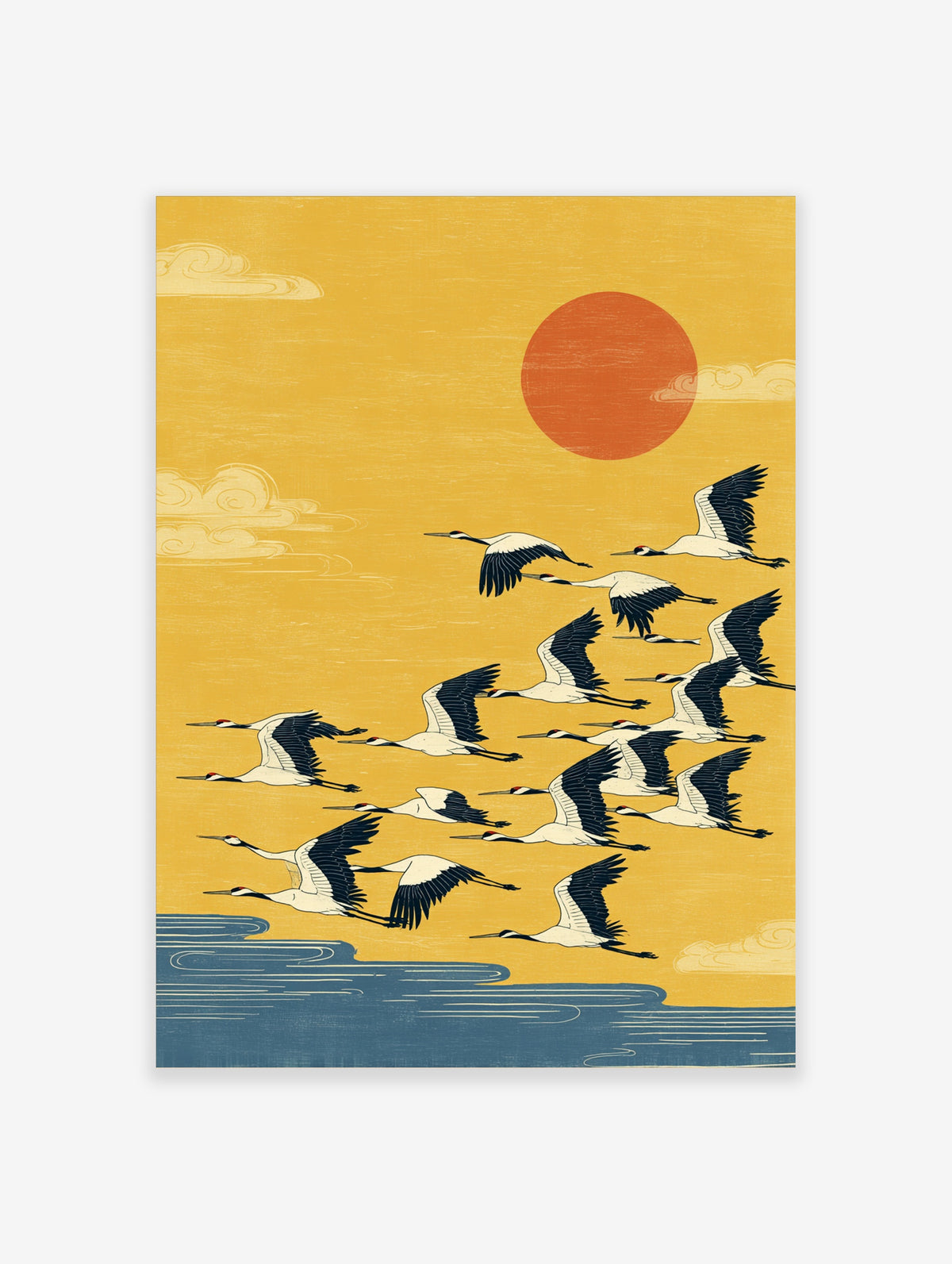 Japanese cranes flying over ocean waves, yellow sky, red sun, woodblock style art print
