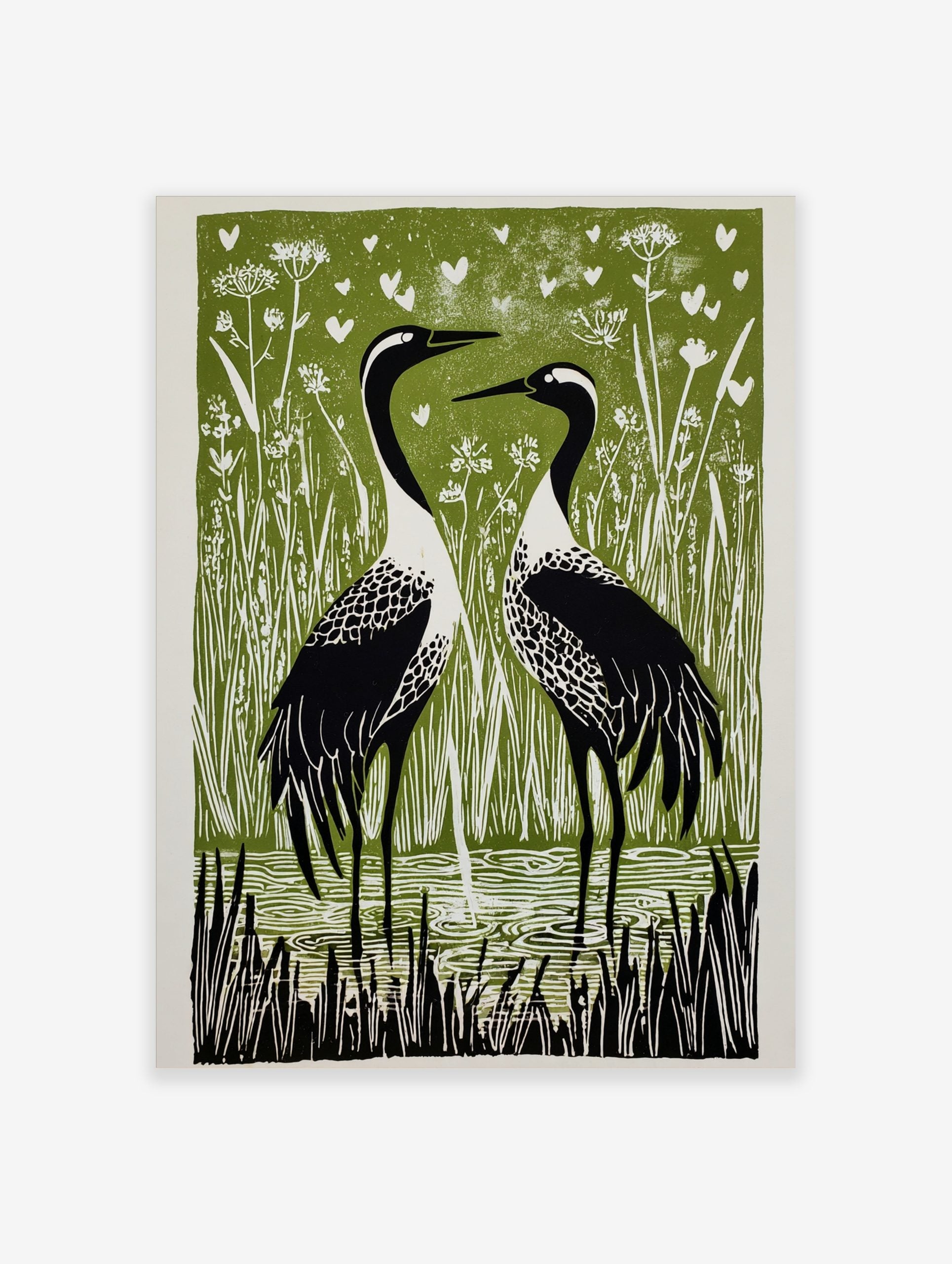 Linocut-style print of two black and white cranes in a green marsh with white hearts and reeds