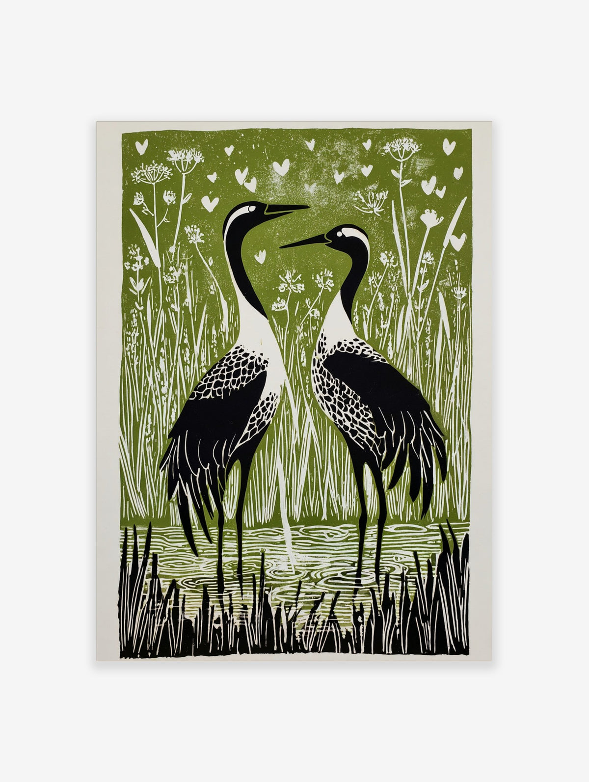 Linocut-style print of two black and white cranes in a green marsh with white hearts and reeds