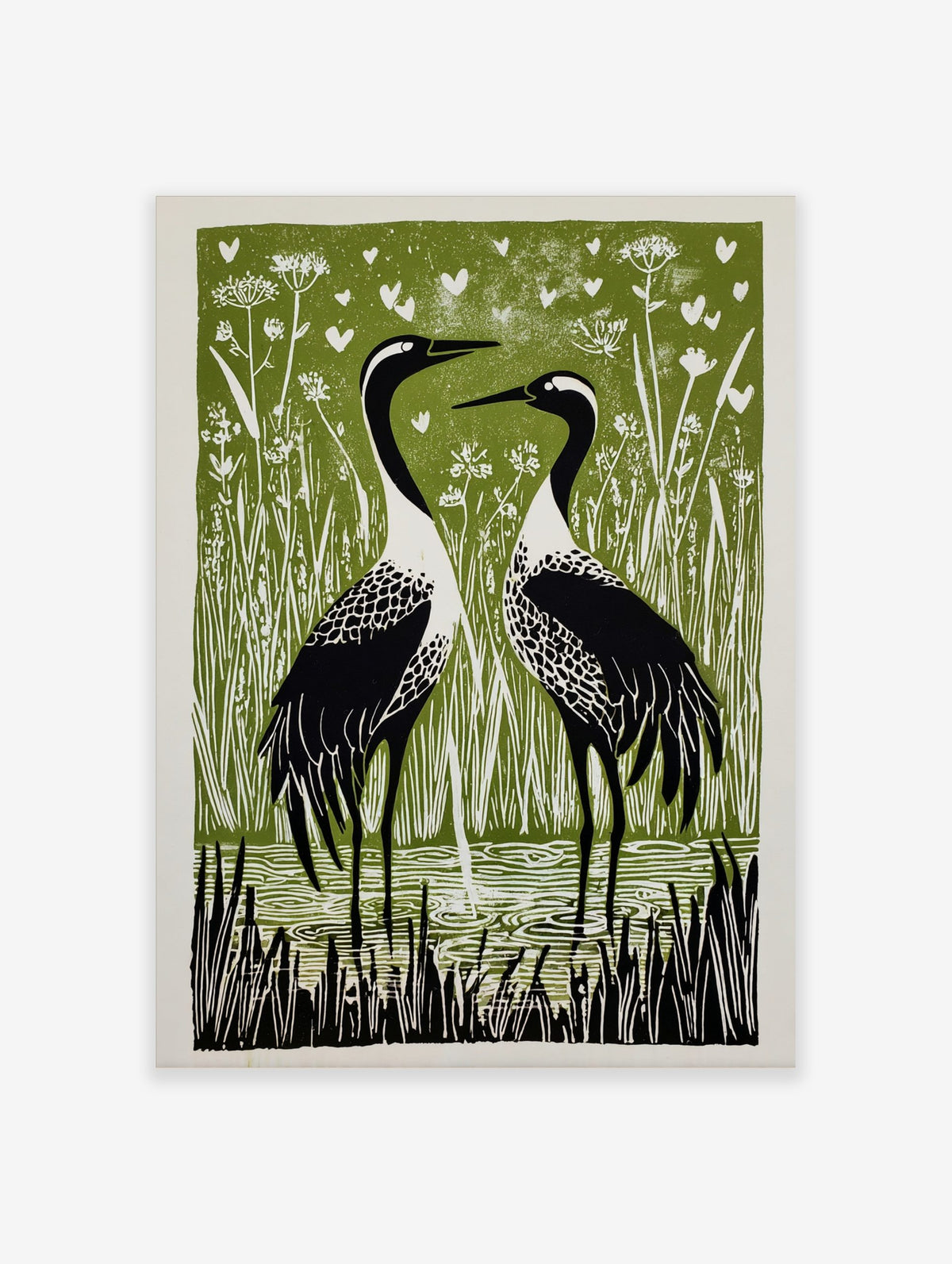 Two black and white cranes in reeds and water, with white hearts on a green background, in a linocut style