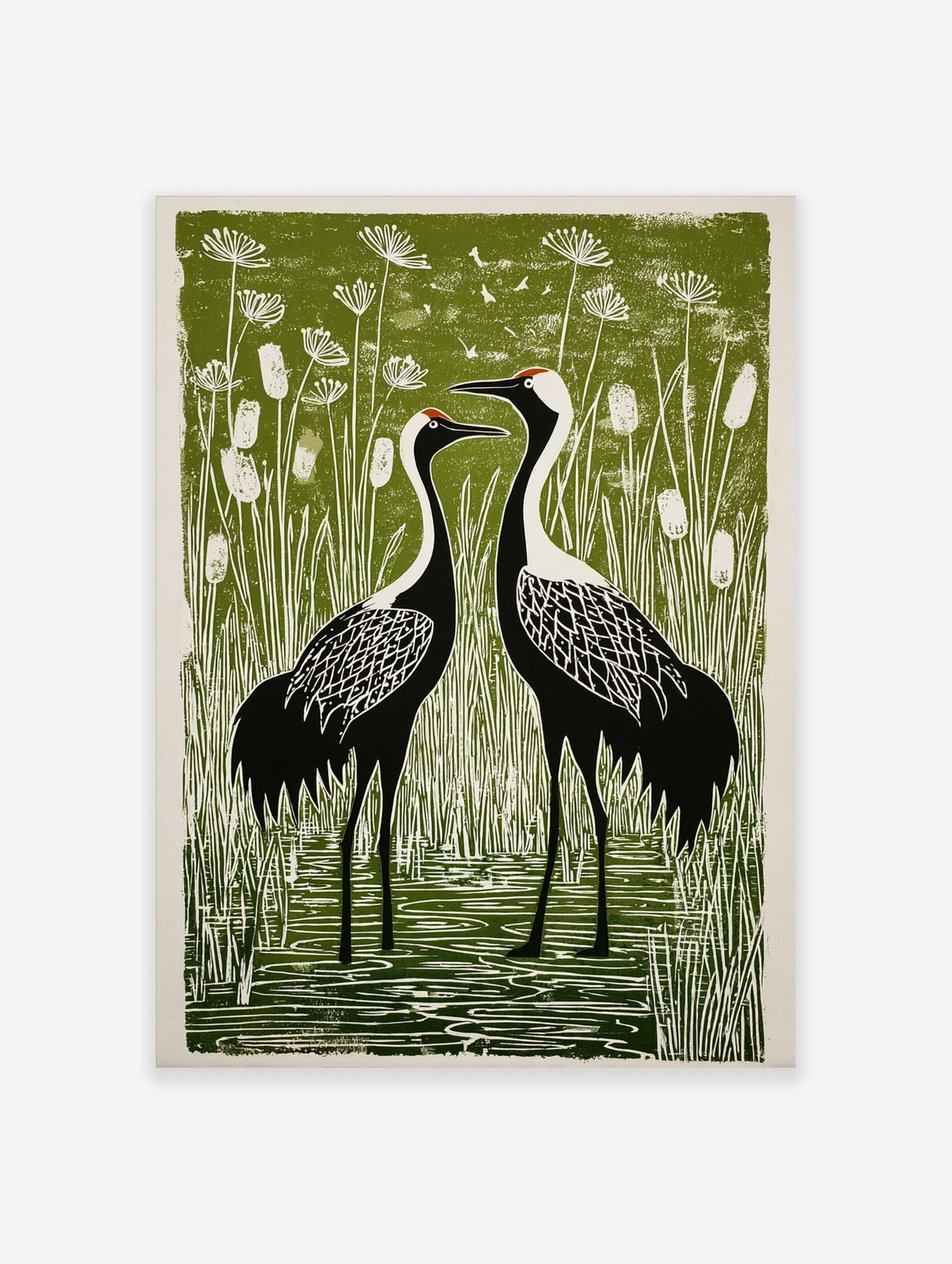 Illustrative linocut-style print of two black and white cranes in a green wetland with cattails and plants