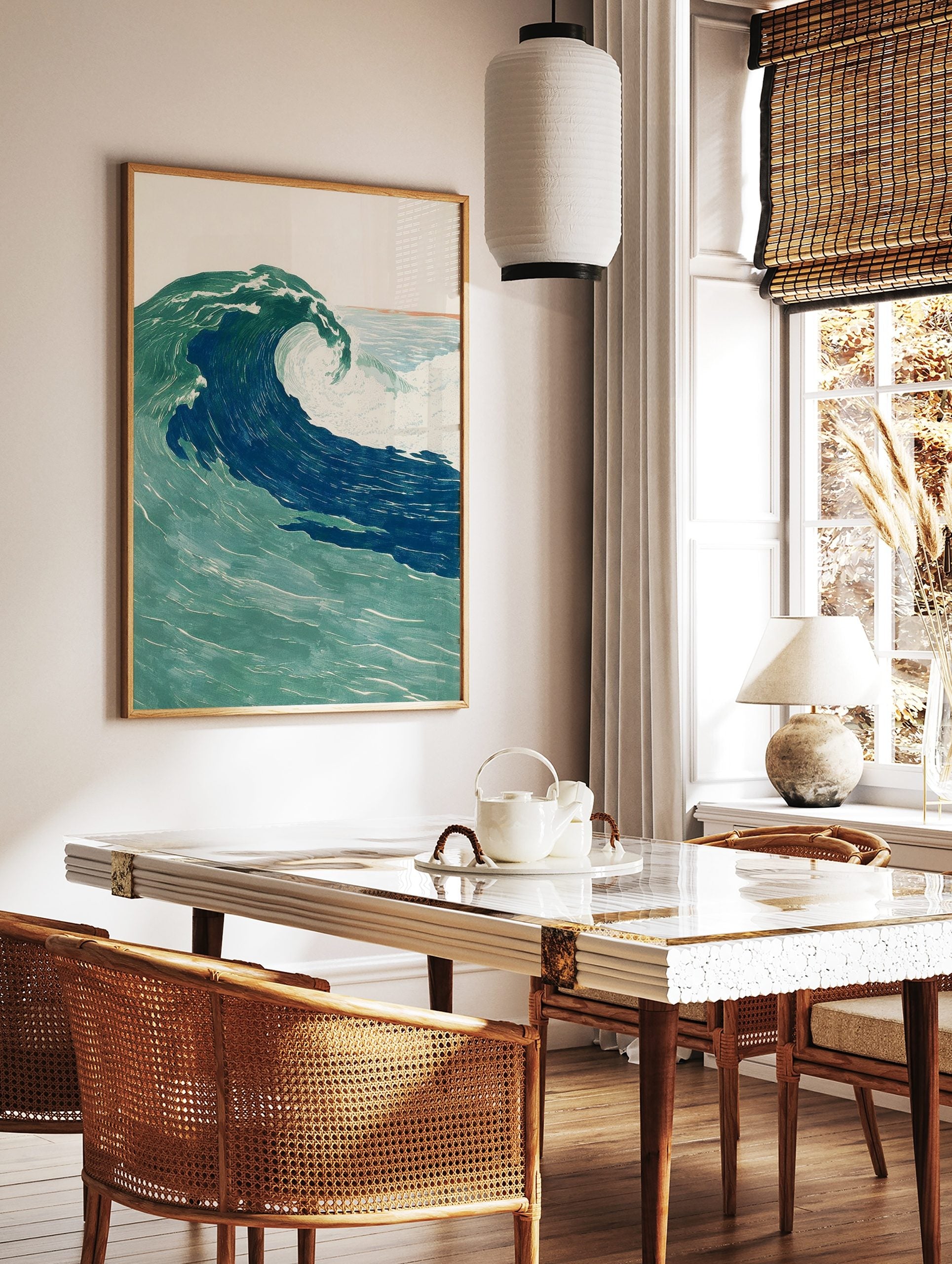 Illustrative ocean wave art print, large crashing wave in deep blue and green with white foam, in a styled room mockup