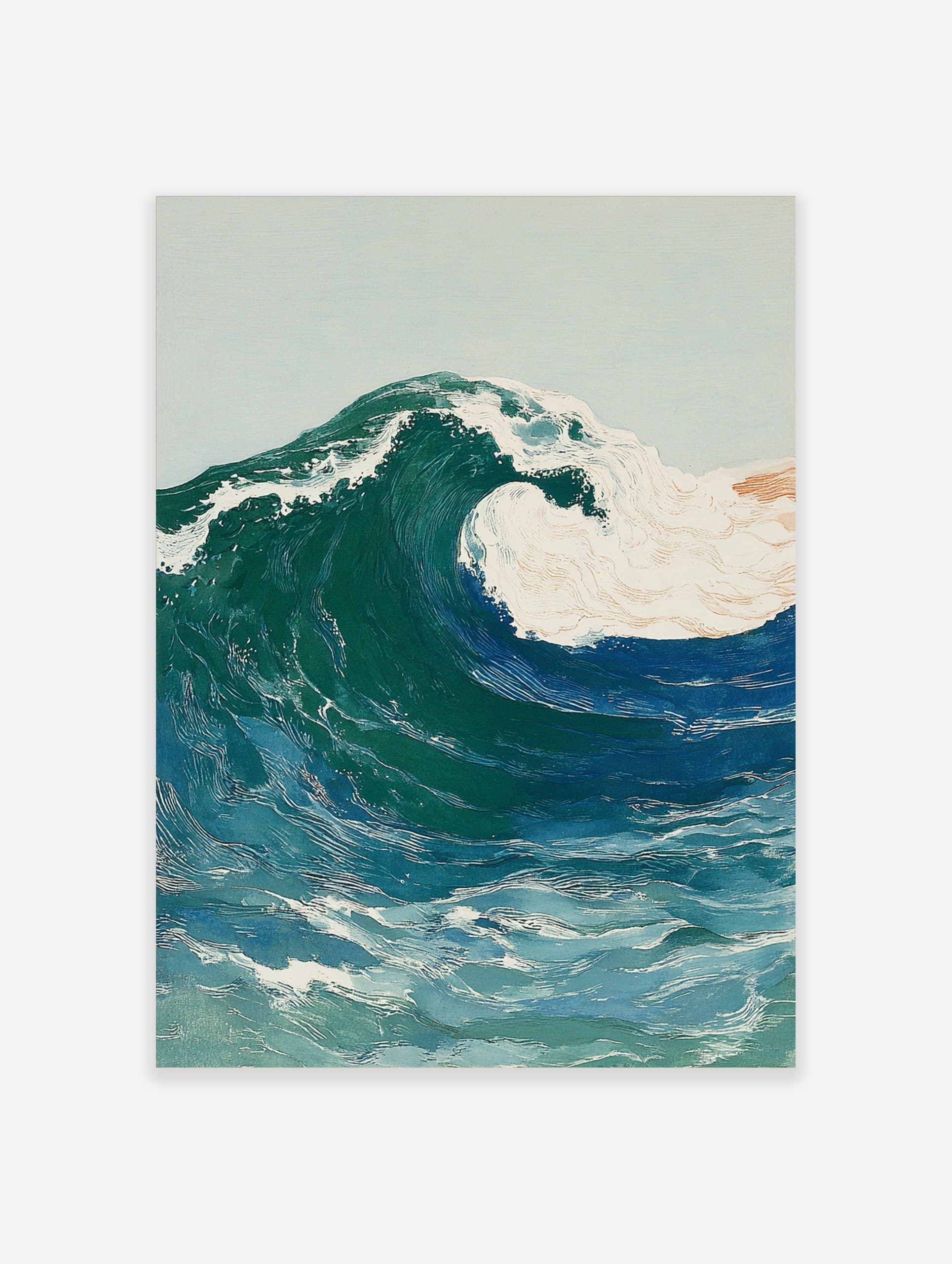 Illustrative art print of a large crashing ocean wave with blue, green, and white foam