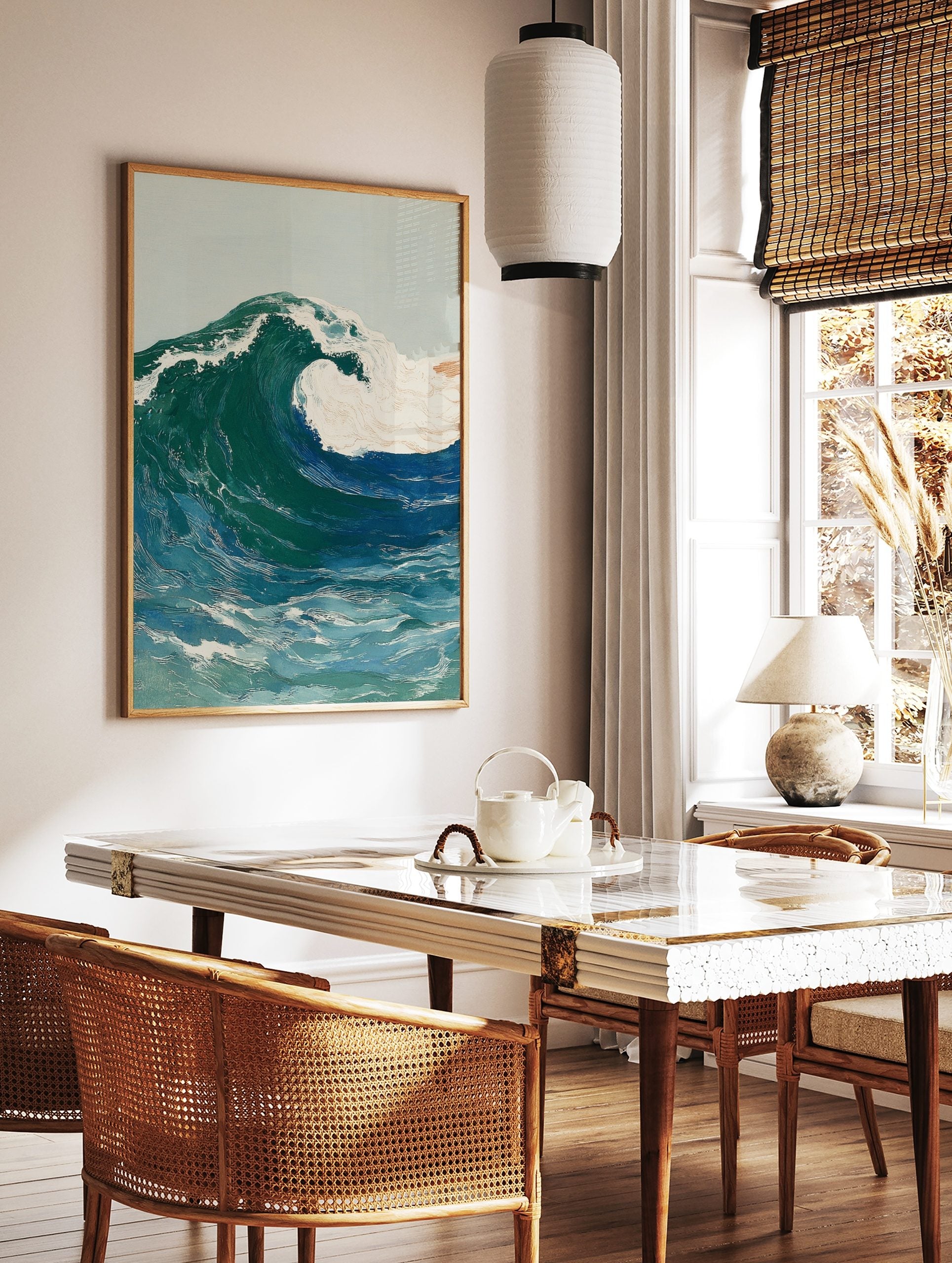 Illustrative art print of a large crashing ocean wave with blue, green, and white foam, in a styled room mockup