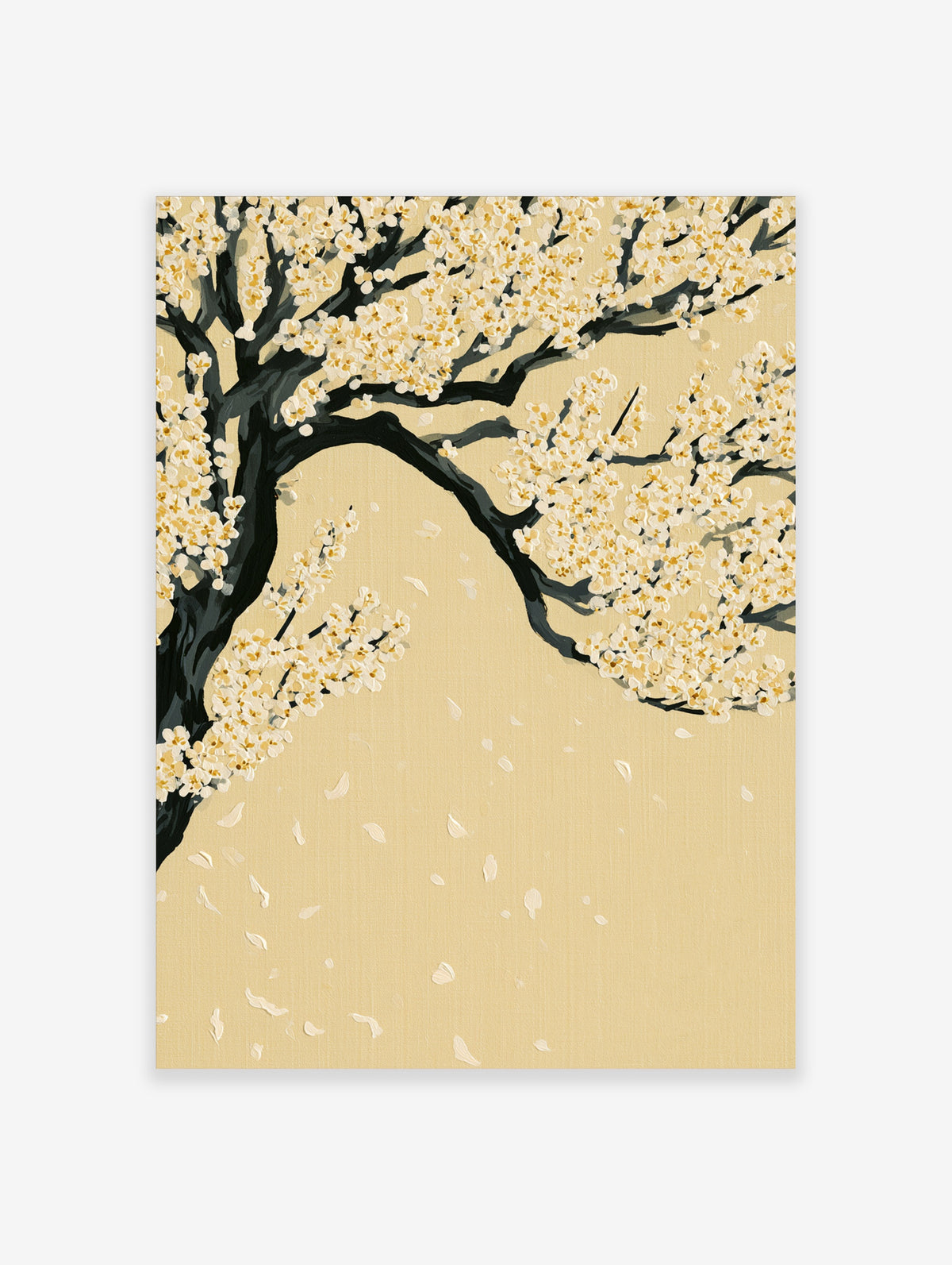 Cream blossom tree art print with dark branches and falling petals on beige background