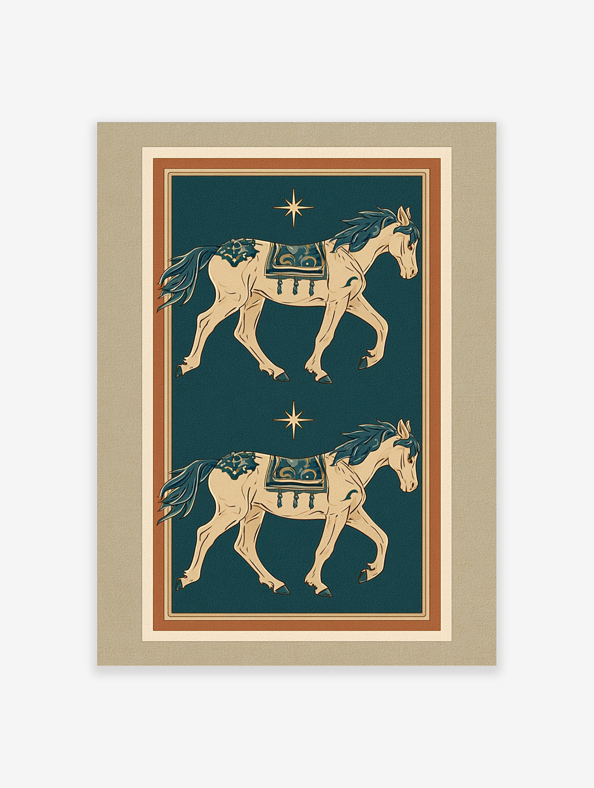 Cream horse illustration print with two mirrored horses, teal manes, and gold stars on teal background