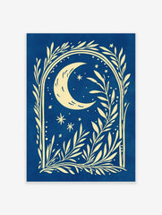 Celestial crescent moon and stars illustration within a botanical arch frame on a blue background