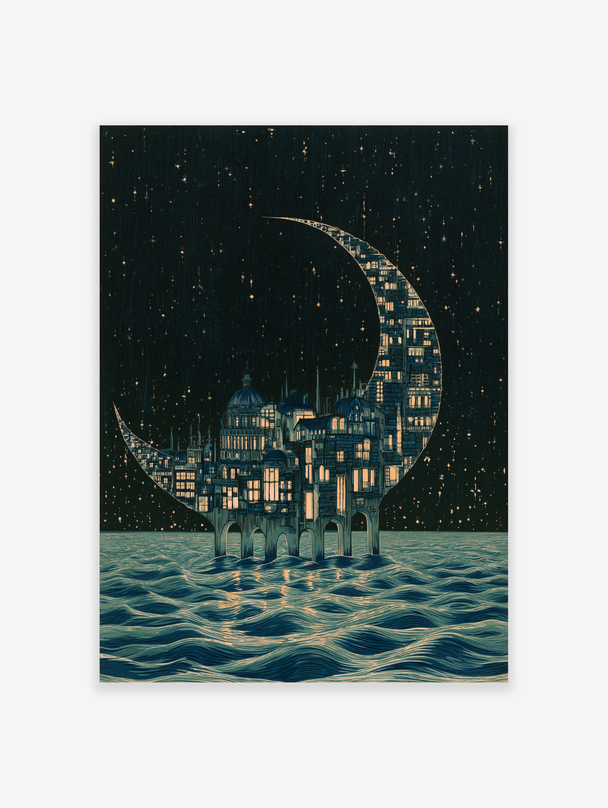 Illustrative wall art of a city built into a glowing crescent moon floating above dark ocean waves at night