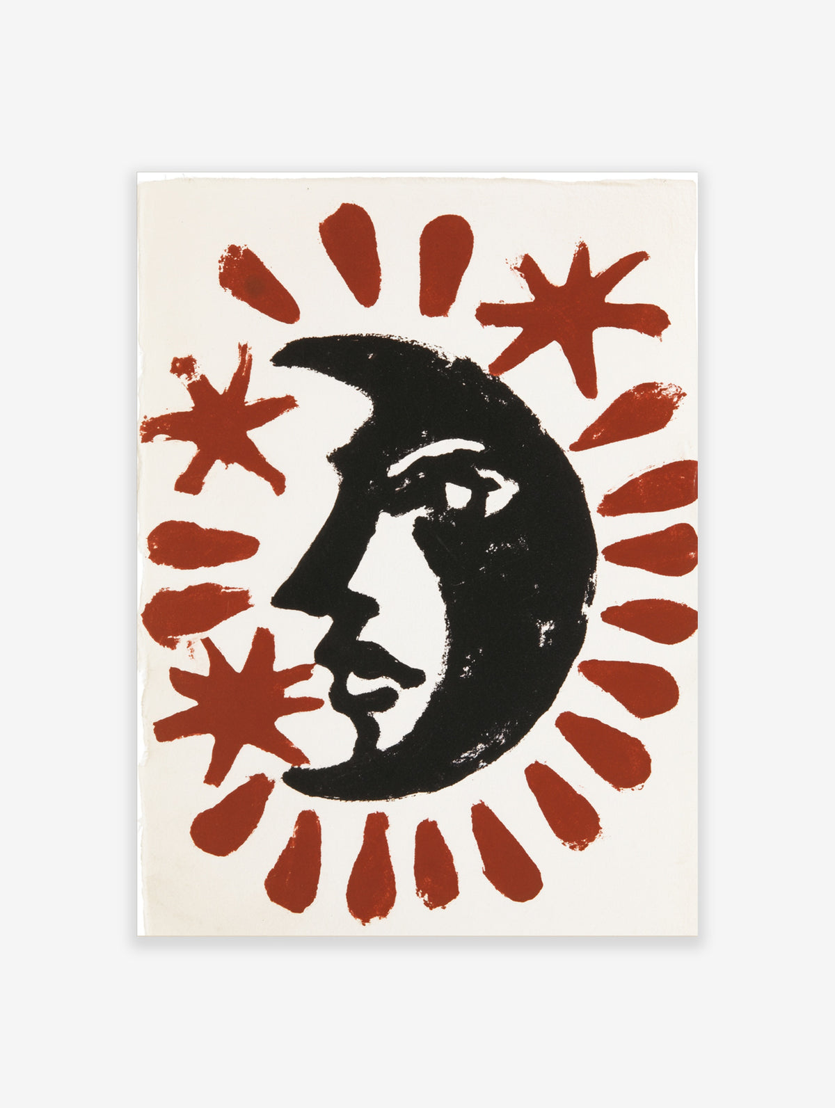 Black crescent moon face with white eye and red stars on cream background art print