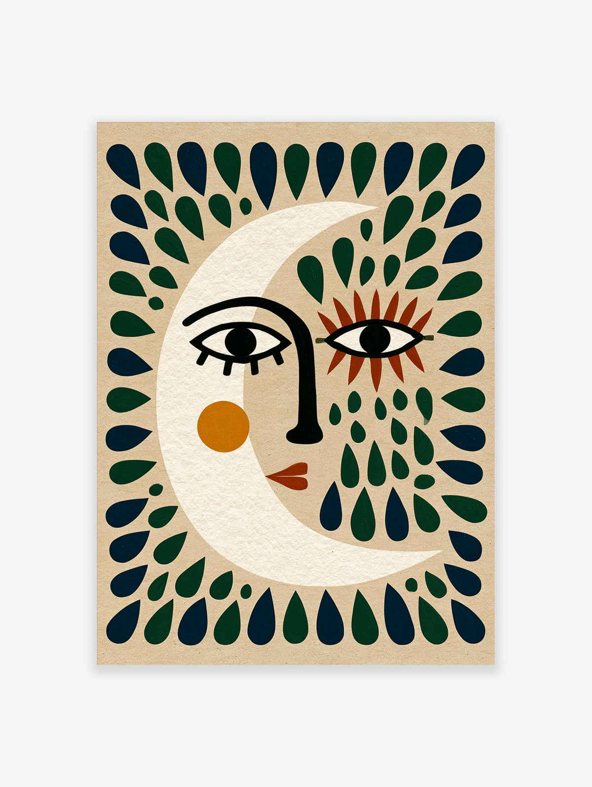 Crescent moon face art print with bold eye, orange cheek, and teardrop leaf border