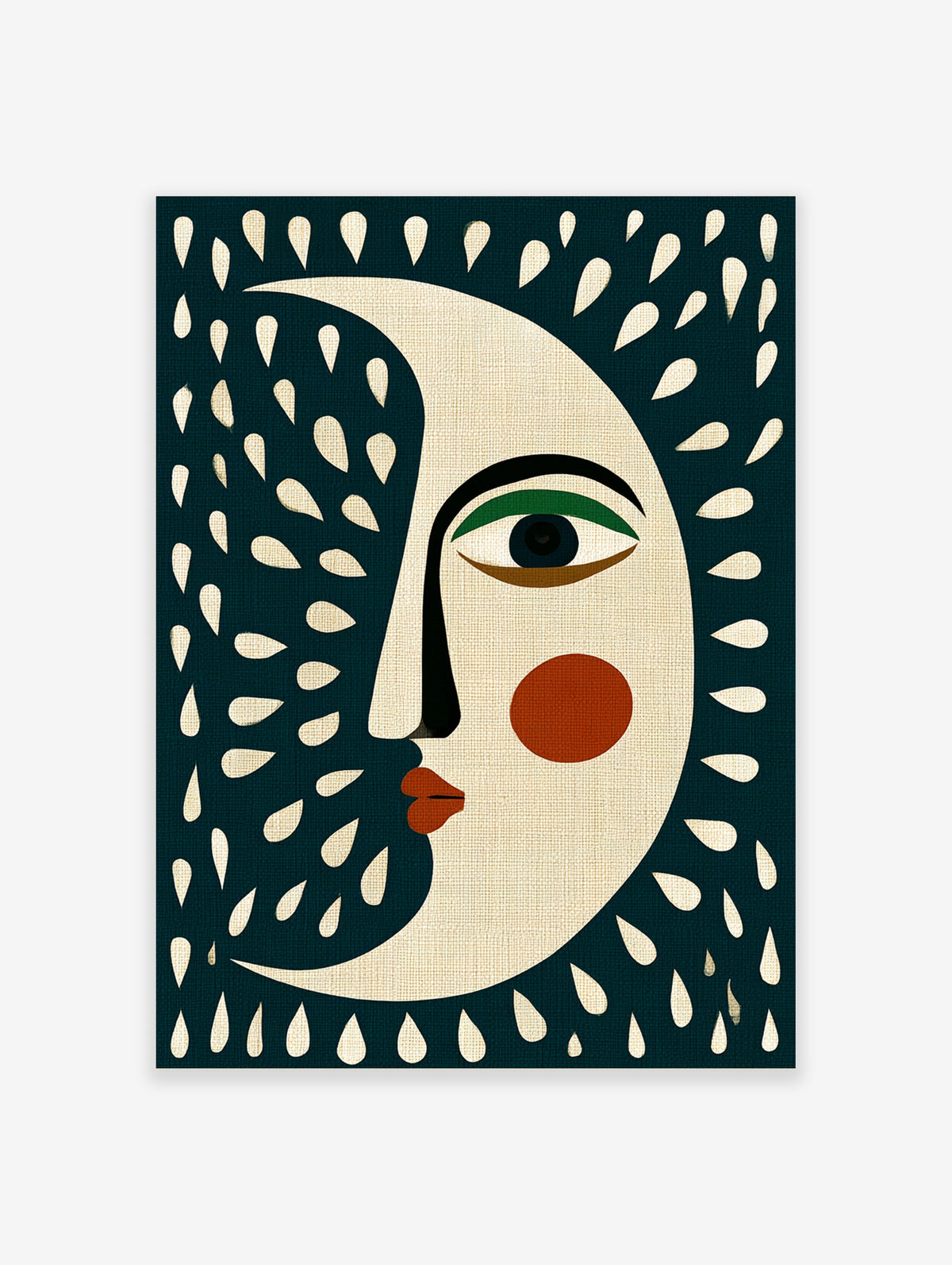 Cream crescent moon face with green eye and red cheek on dark teal background with cream teardrops