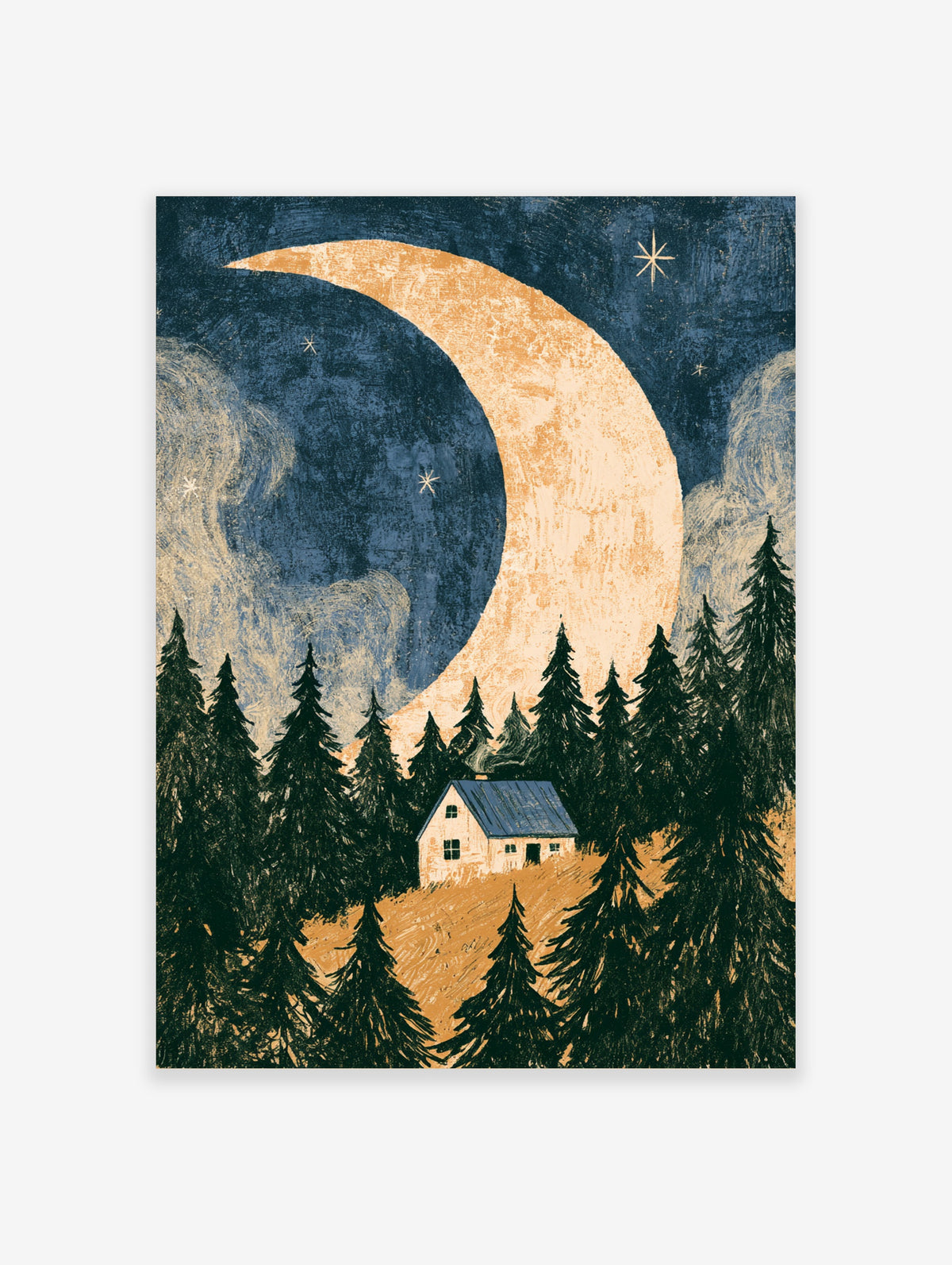Crescent moon over a forest cabin with pine trees and stars, navy and orange illustration