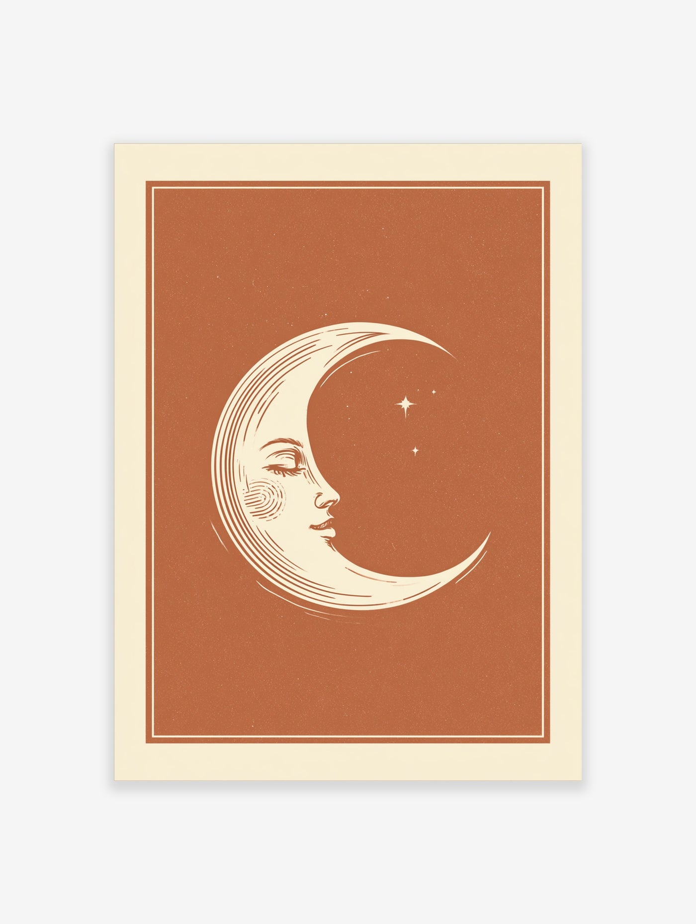 Serene crescent moon illustration with a human face on a warm terracotta background for celestial wall art
