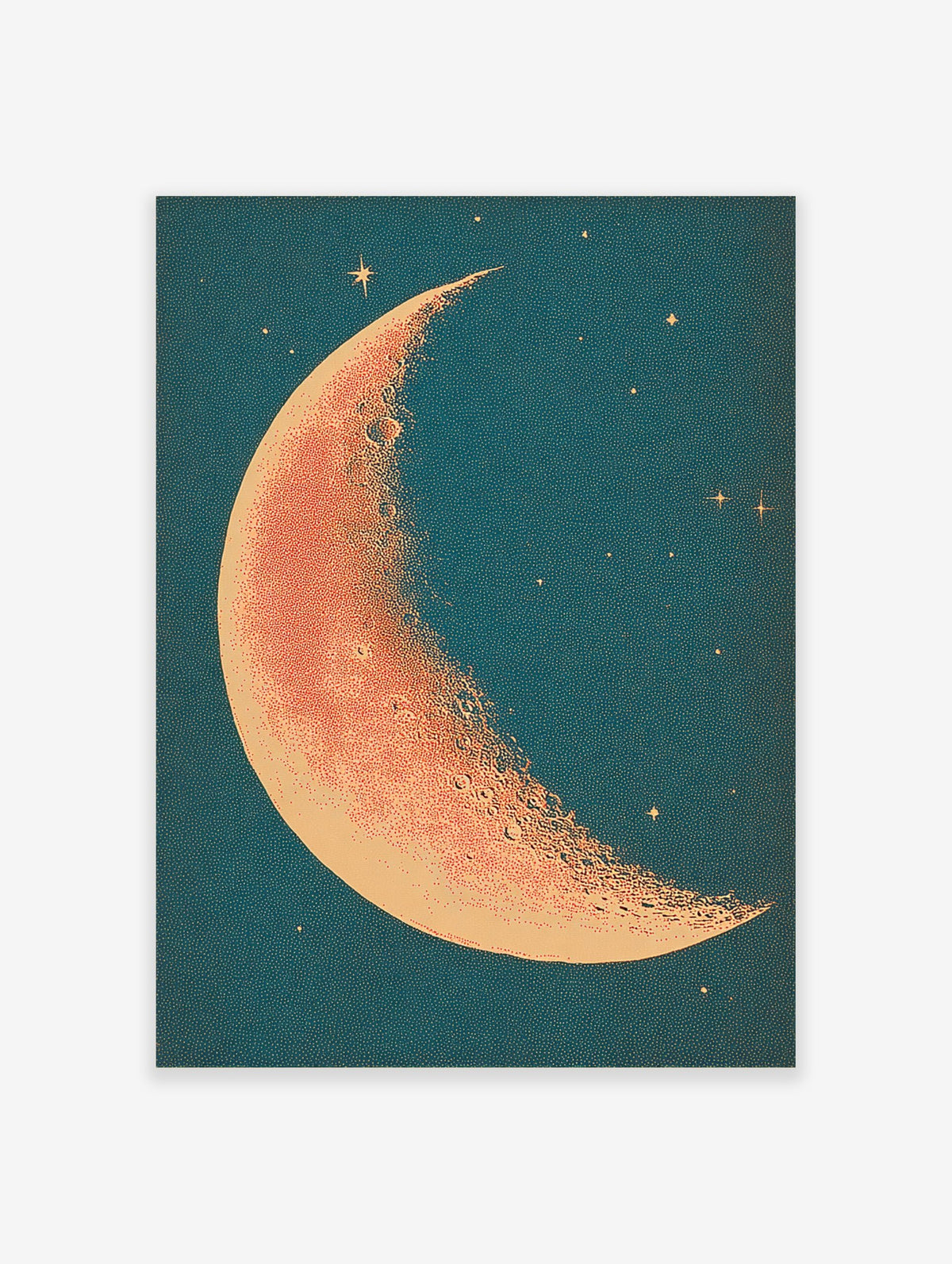 Crescent moon illustration with stippled orange-red surface and cream edge against a deep teal starry sky