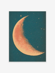 Crescent moon illustration with stippled orange-red surface and cream edge against a deep teal starry sky