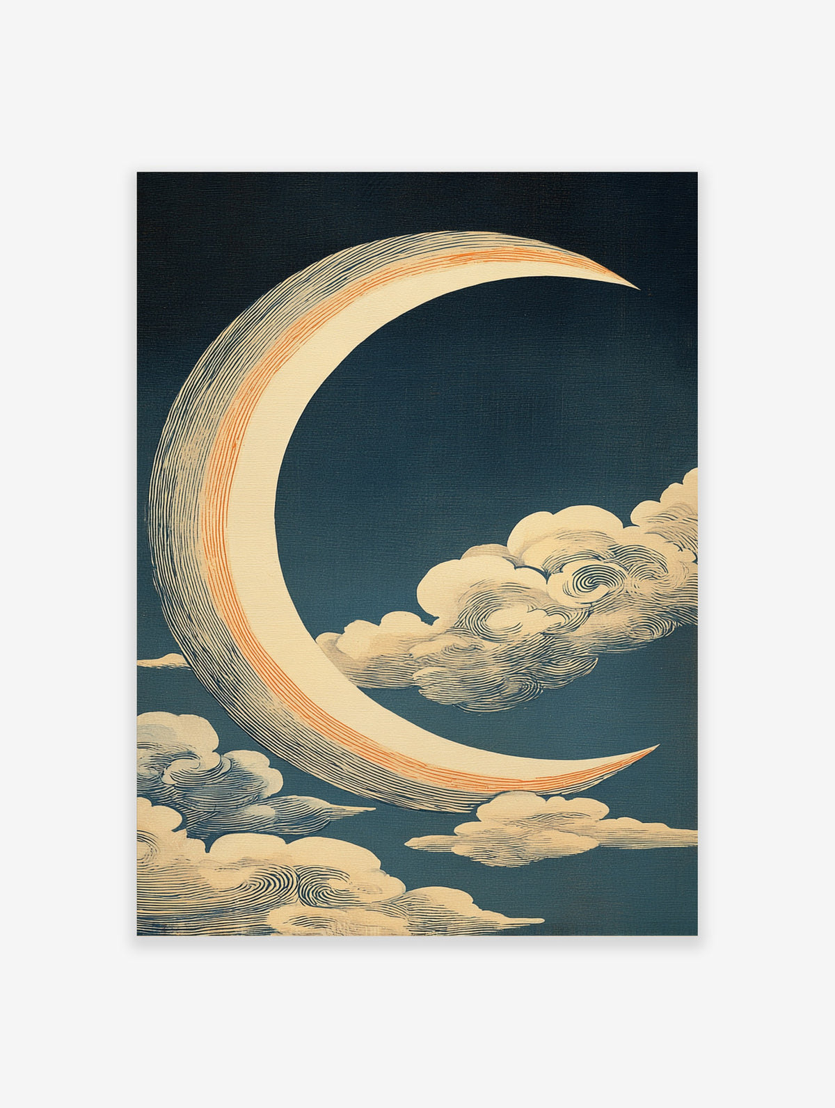 Cream crescent moon with orange bands and swirling clouds on a deep blue background, Japanese-style poster
