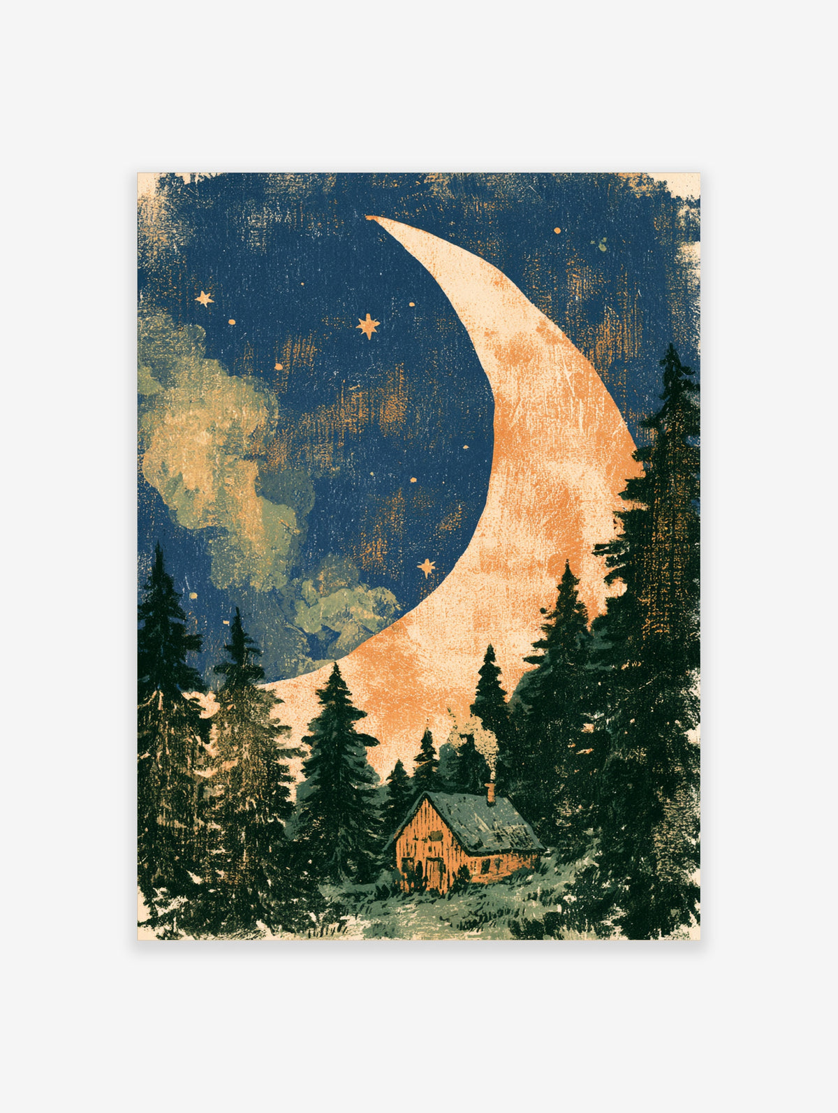 Crescent moon poster with rustic cabin and pine forest under starry navy sky