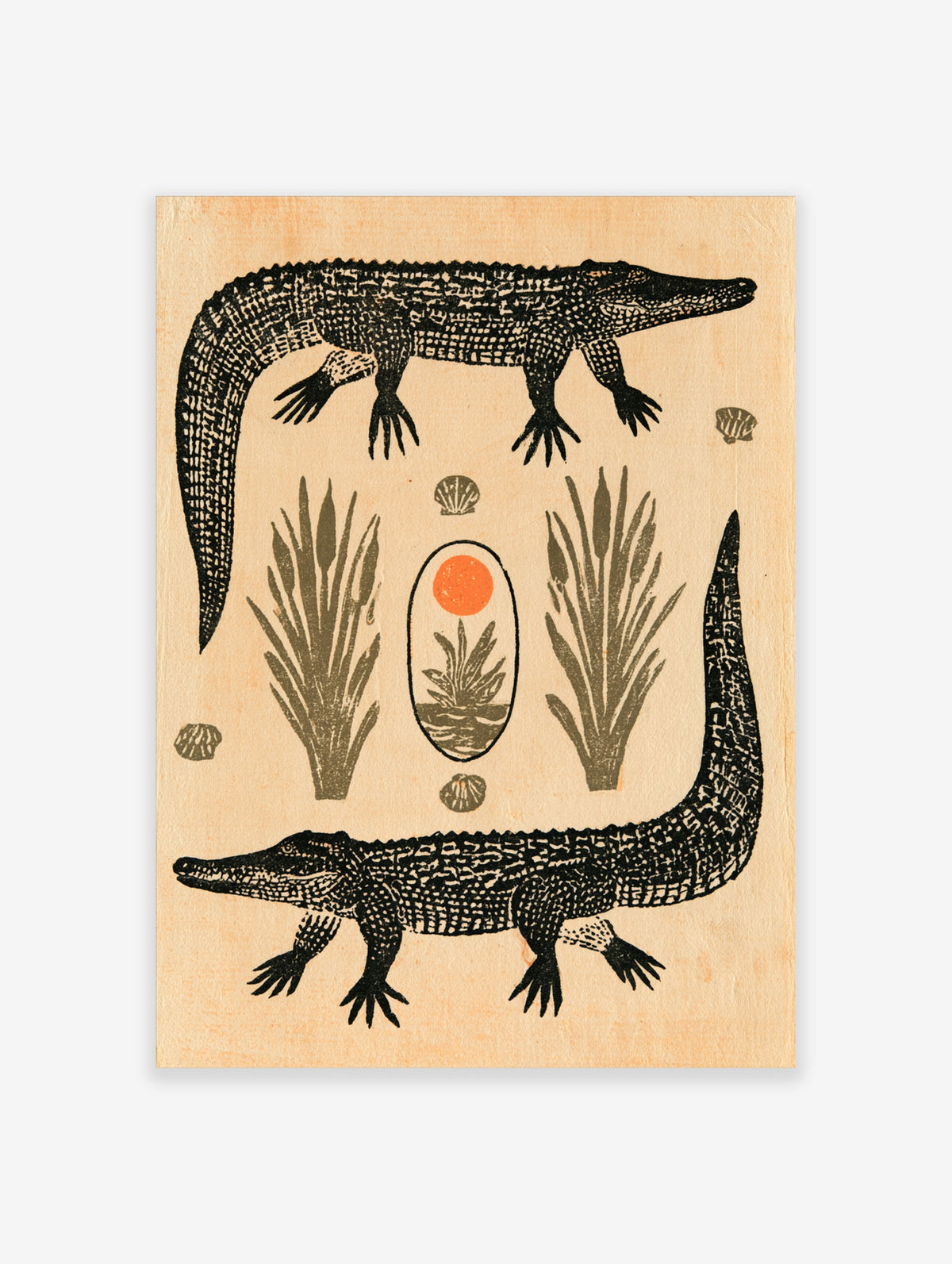 Block-print crocodile and alligator art print with green reeds and orange sun on beige background