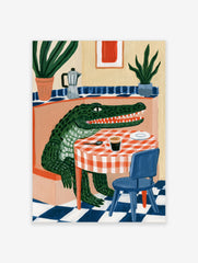 Green crocodile sitting at a table with coffee and a moka pot, illustrative style wall art print