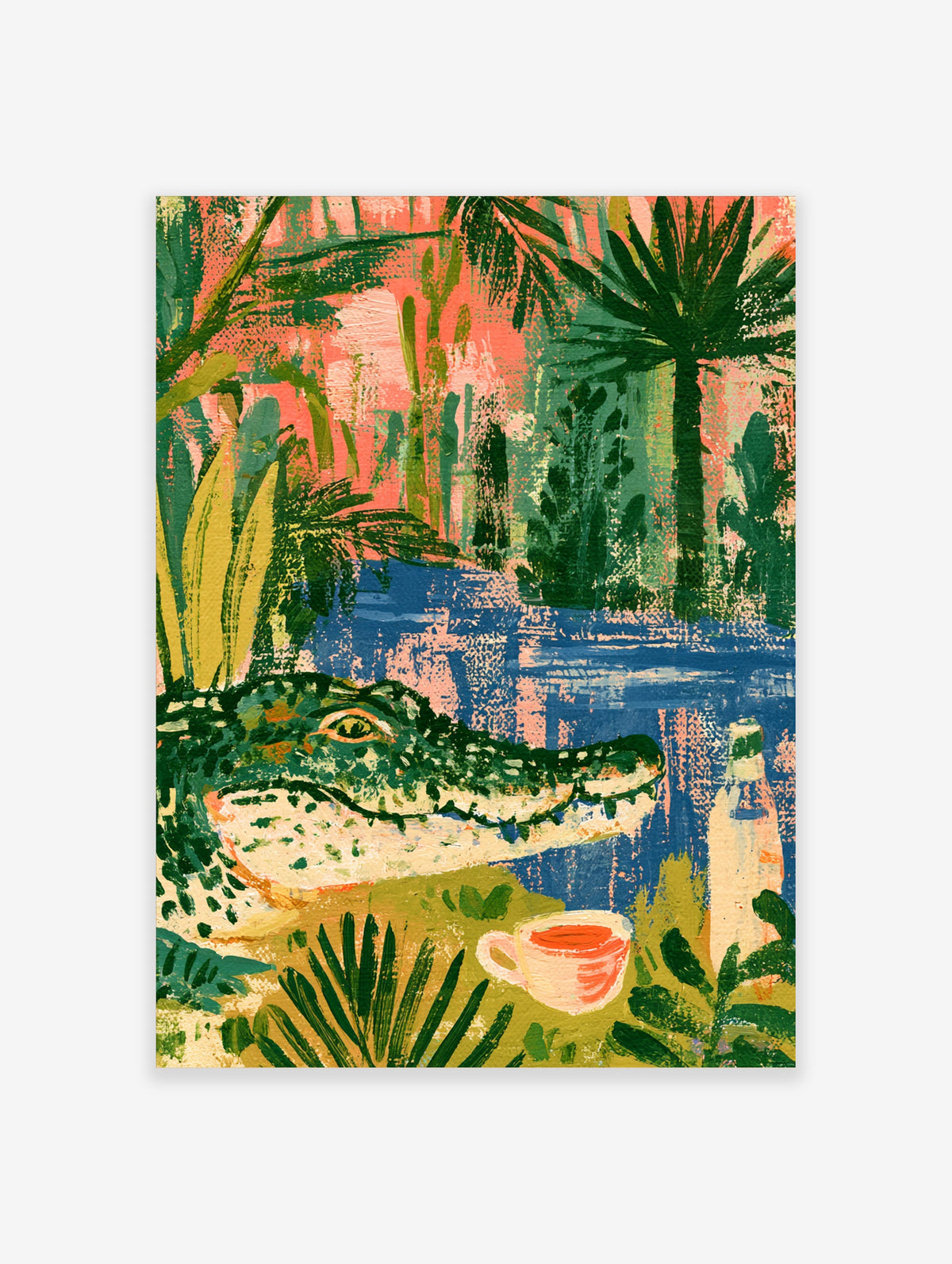 Colourful crocodile art print with green crocodile, pink teacup, jungle foliage and pink sky
