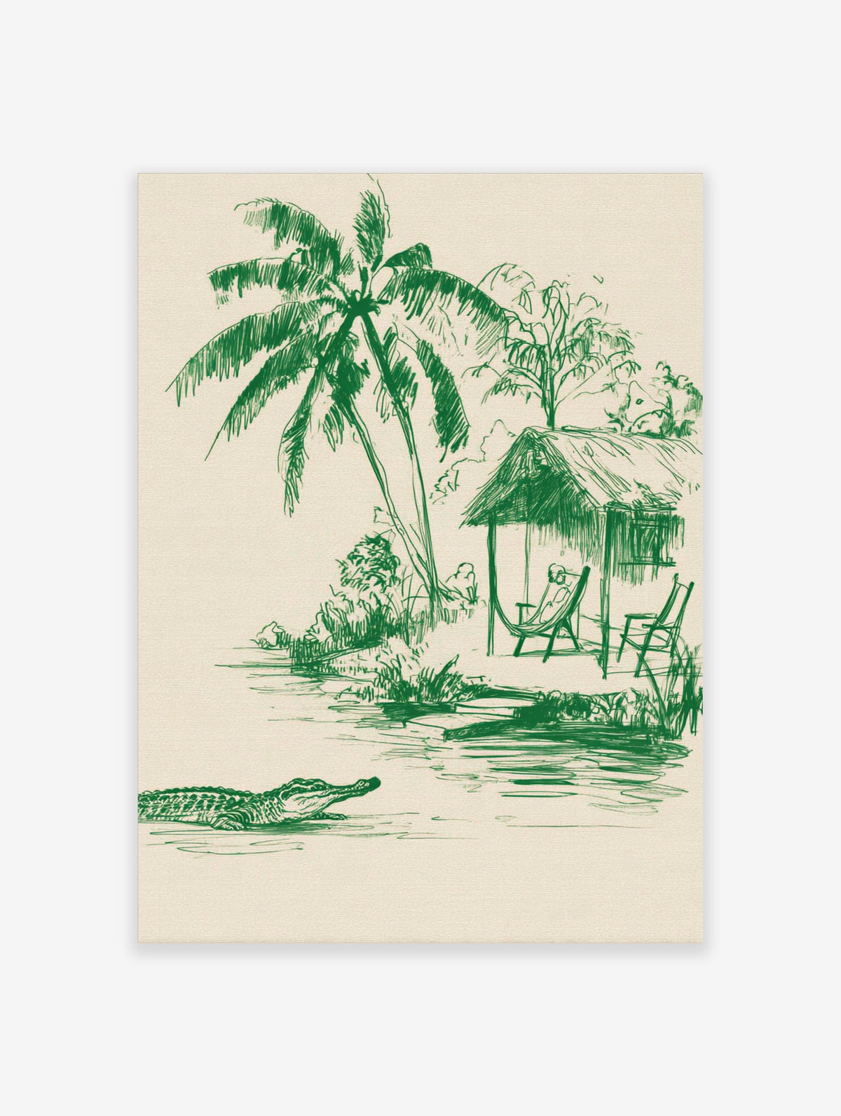 Green line art sketch of a crocodile swimming near a tropical hut with palm trees and hammock