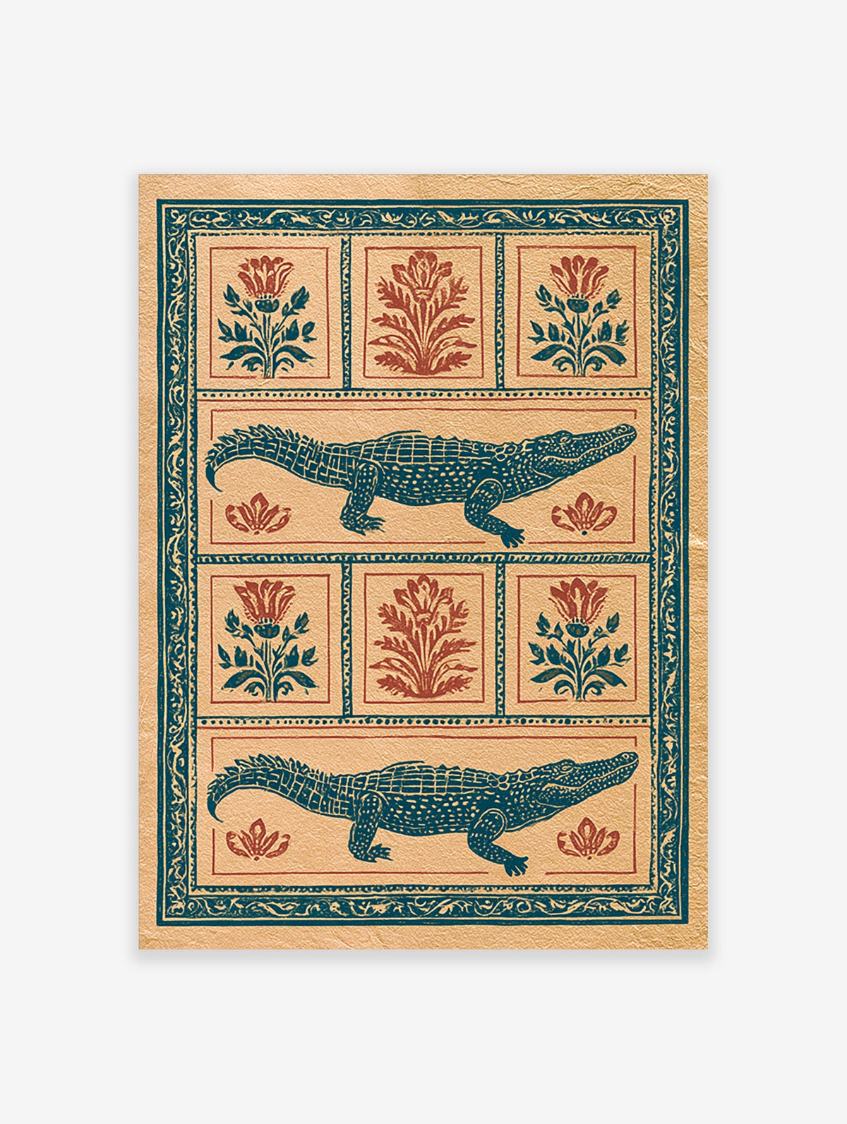 Teal crocodile and red floral botanical illustration print with ornate border on beige background