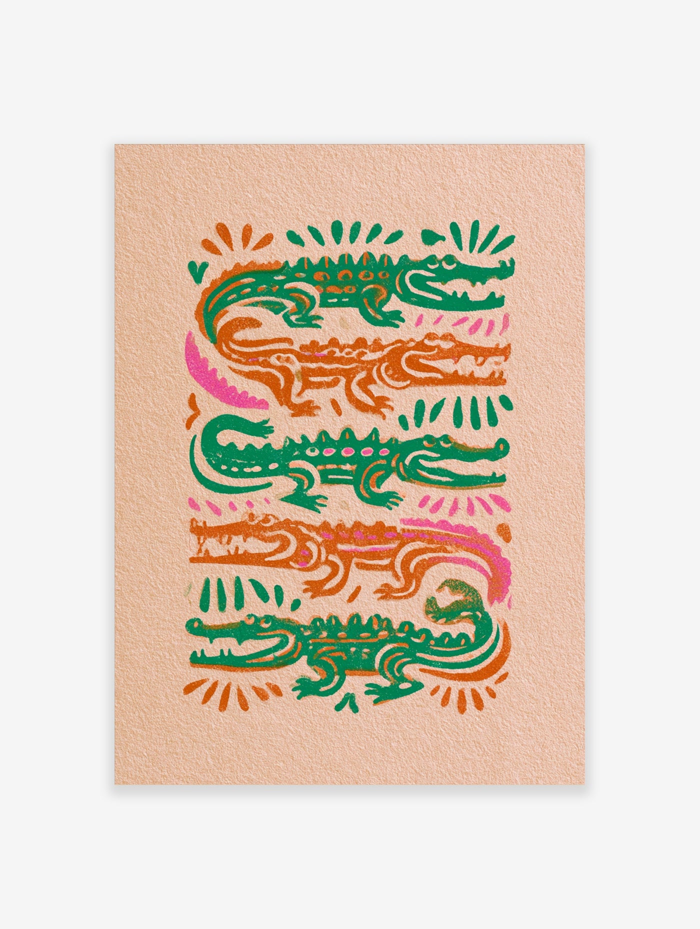 Crocodile wall art with five stylised green and orange reptiles on beige background