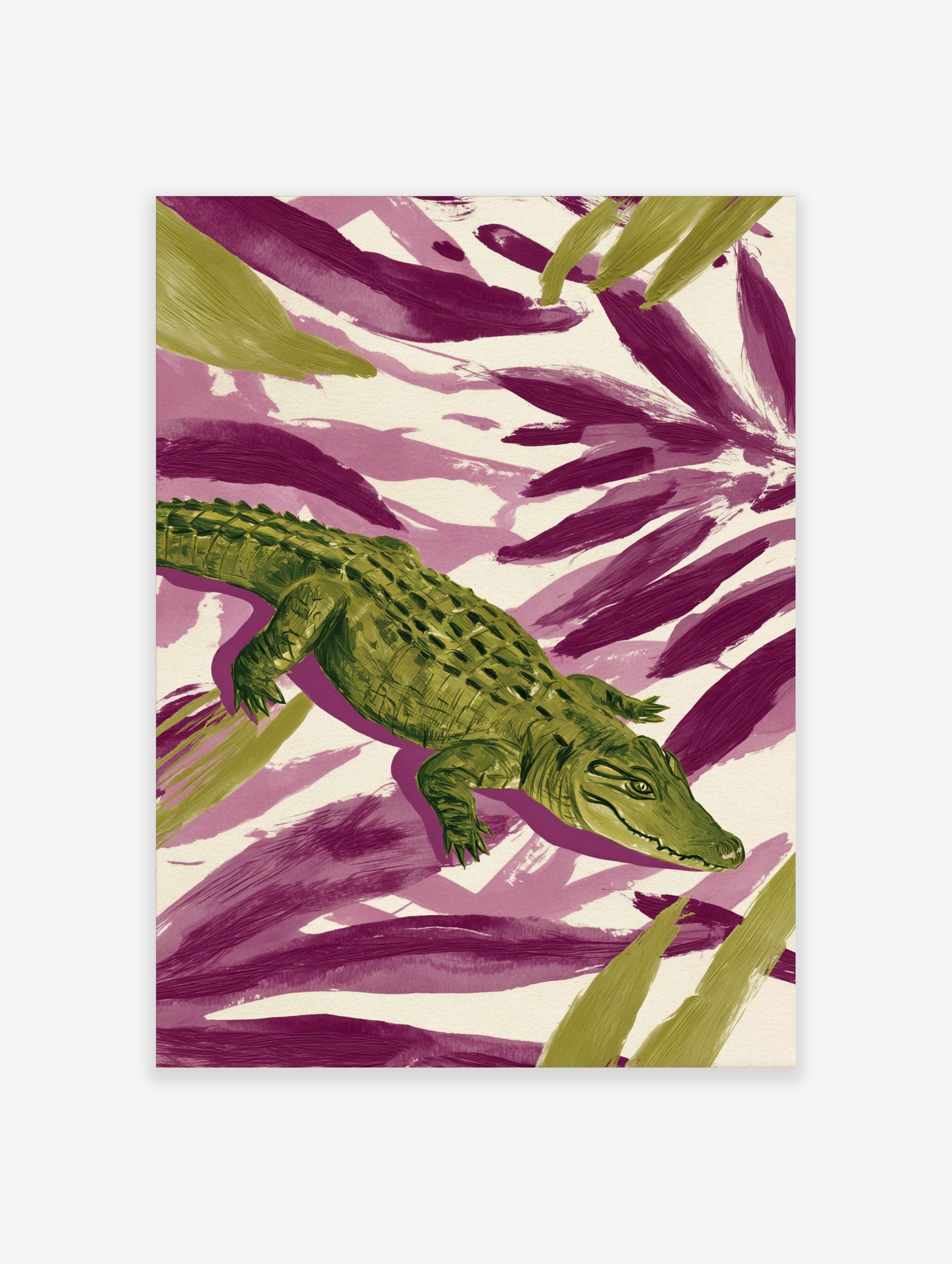 Green crocodile or alligator illustration with textured scales on a background of purple and green brushstrokes