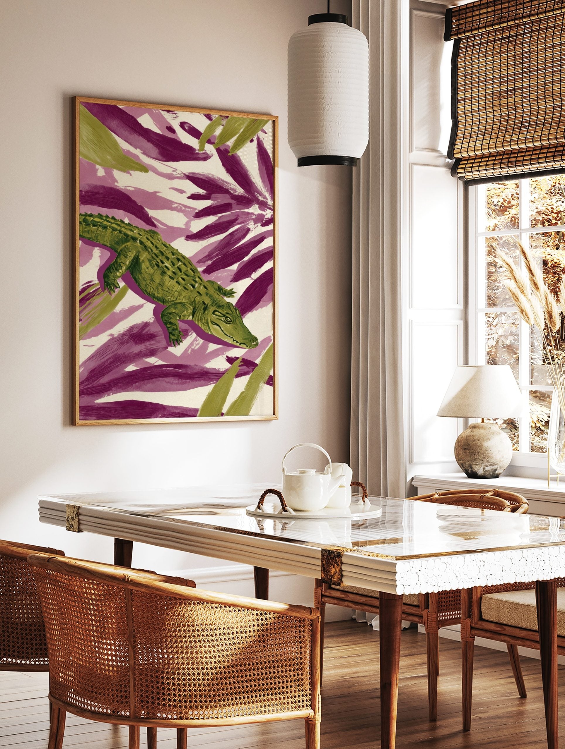 Green crocodile or alligator illustration with textured scales on a background of purple and green, in a styled room mockup