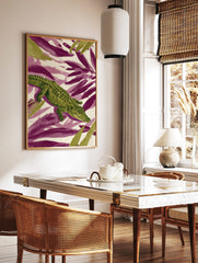 Green crocodile or alligator illustration with textured scales on a background of purple and green, in a styled room mockup