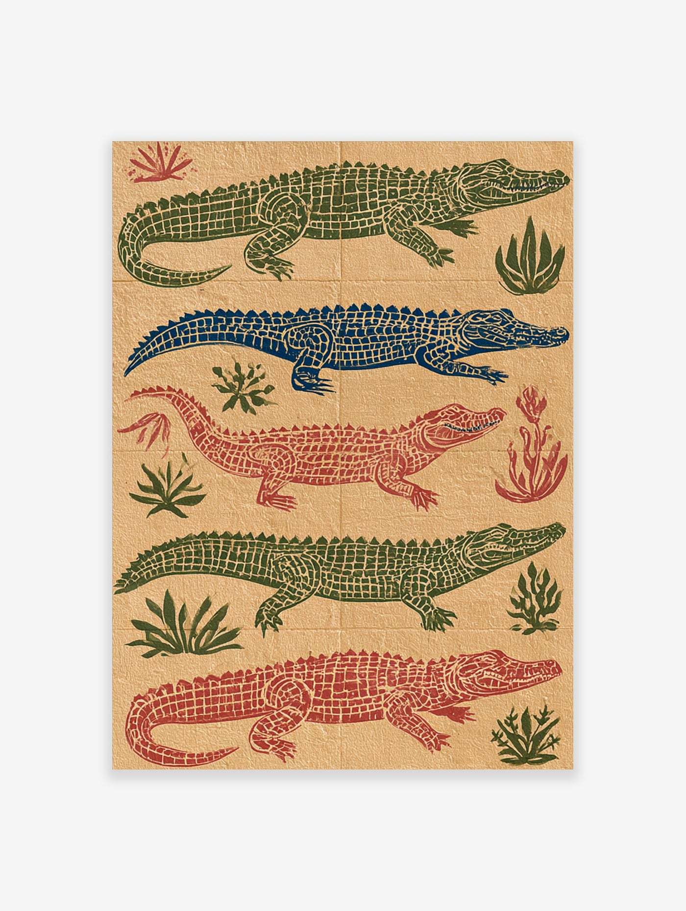 Five stylised crocodiles in green, blue, and red on beige background with plant motifs, animal poster art