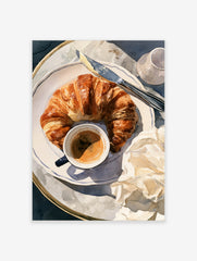 Watercolor illustration of a croissant, coffee cup, and butter knife on a plate, breakfast food art print