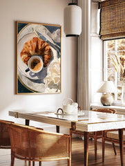 Watercolor illustration of a croissant, coffee cup, and butter knife on a plate, breakfast food art, in a styled room mockup
