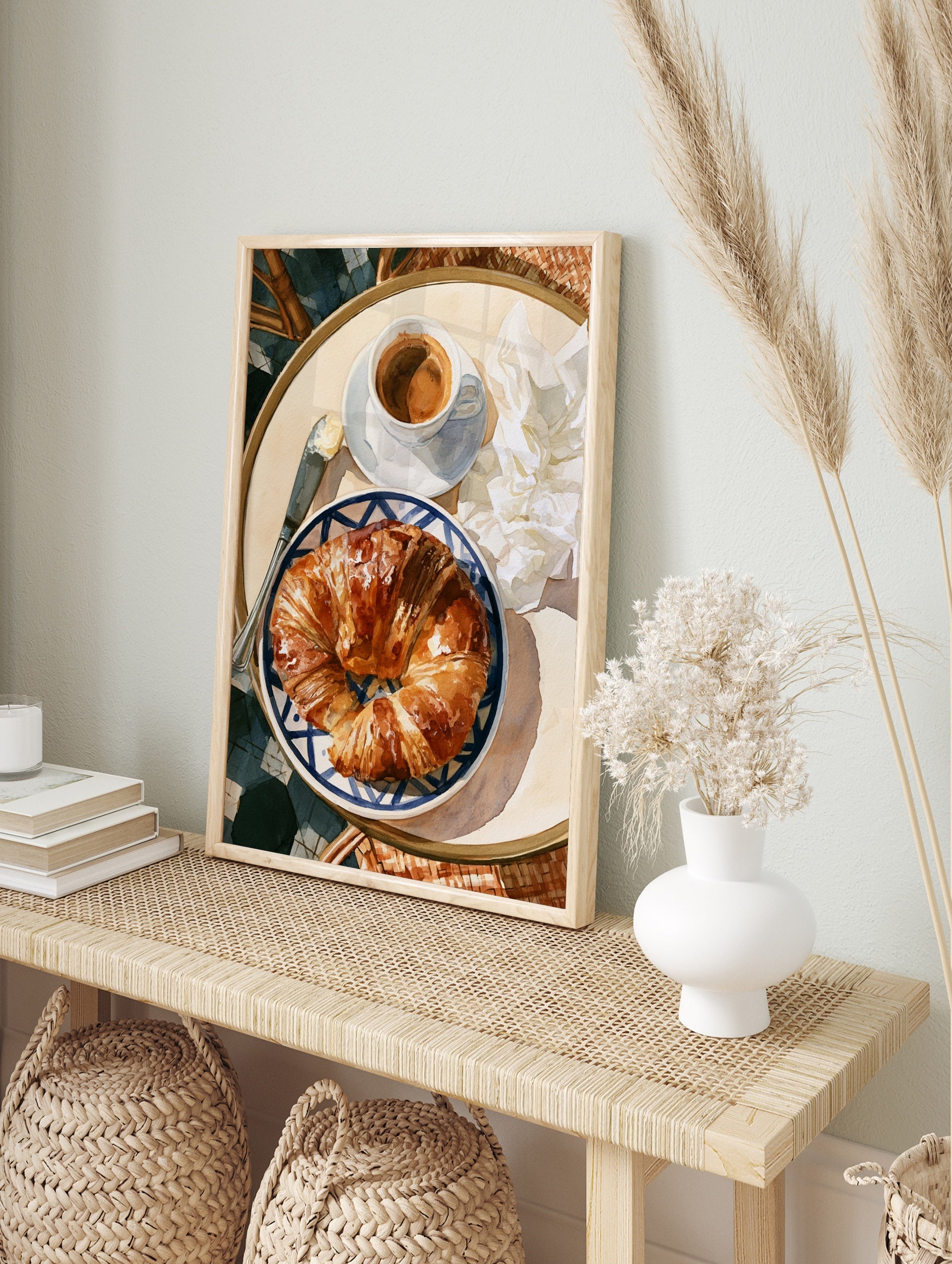 Watercolour illustration of a croissant and coffee on a blue and white plate, perfect for, in an alternate framed mockup