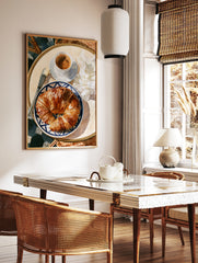 Watercolour illustration of a croissant and coffee on a blue and white plate, perfect for kitchen, in a styled room mockup